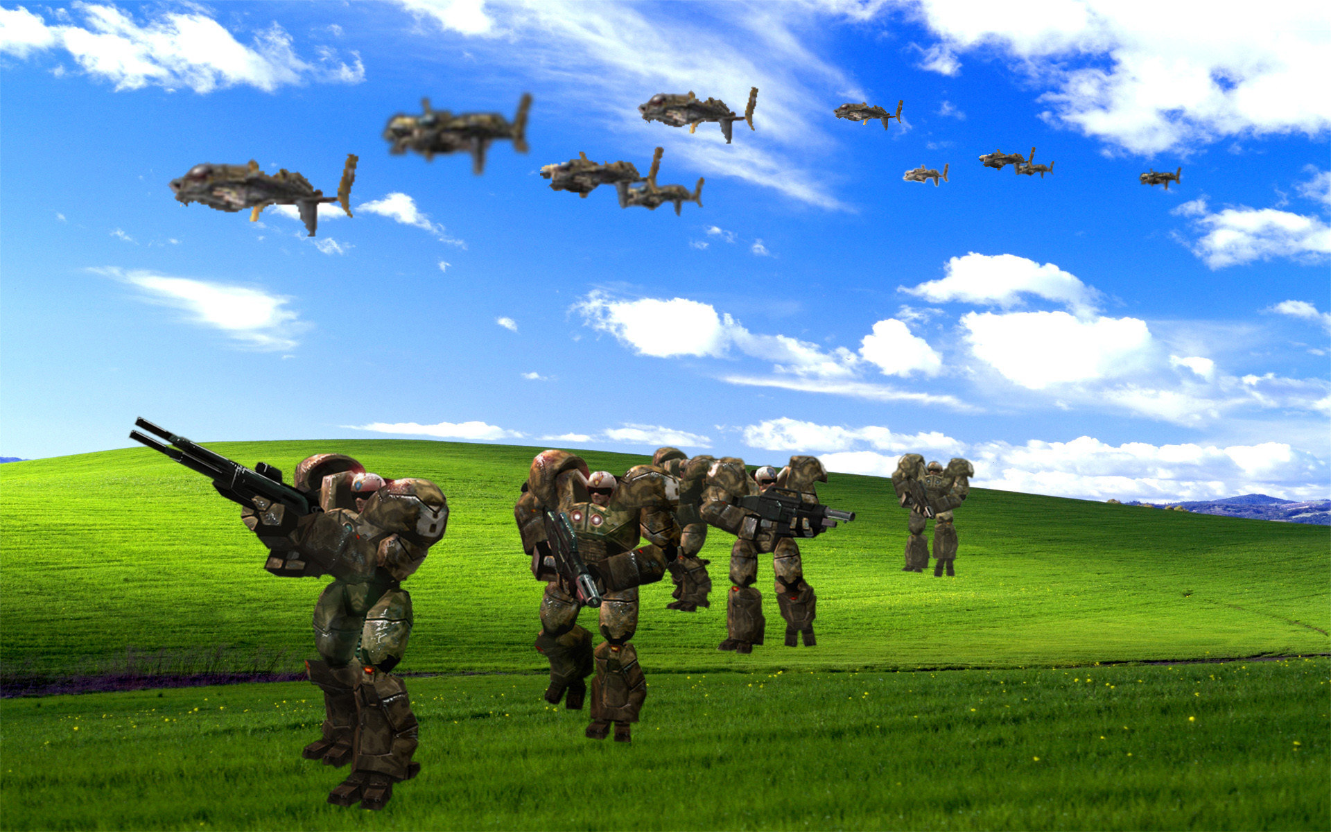Bliss, Windows XP, Mech, Aerei, Parodia, Full HD, sfondo per PC e portatile