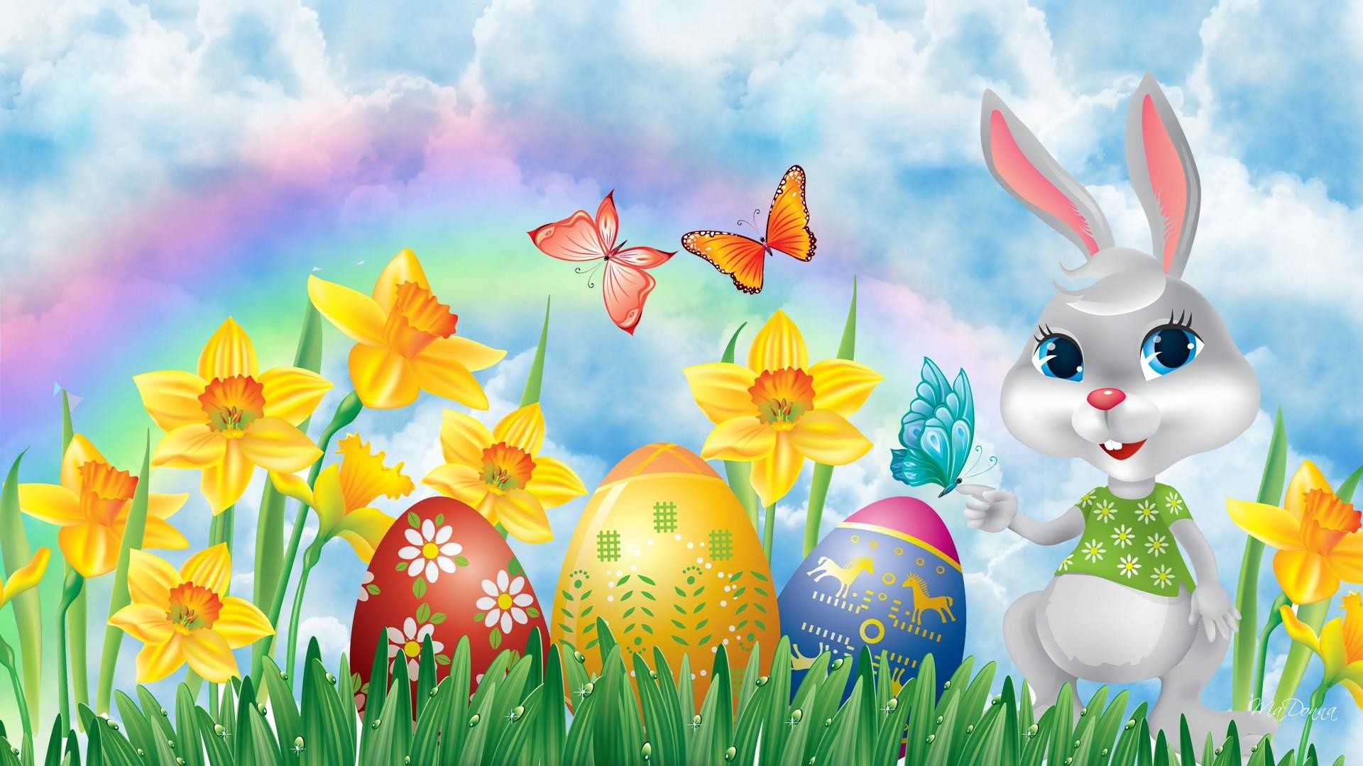 Coniglietto pasquale, Uova di Pasqua, Narcisi, Arcobaleno, Farfalle, Cartone animato, sfondo desktop
