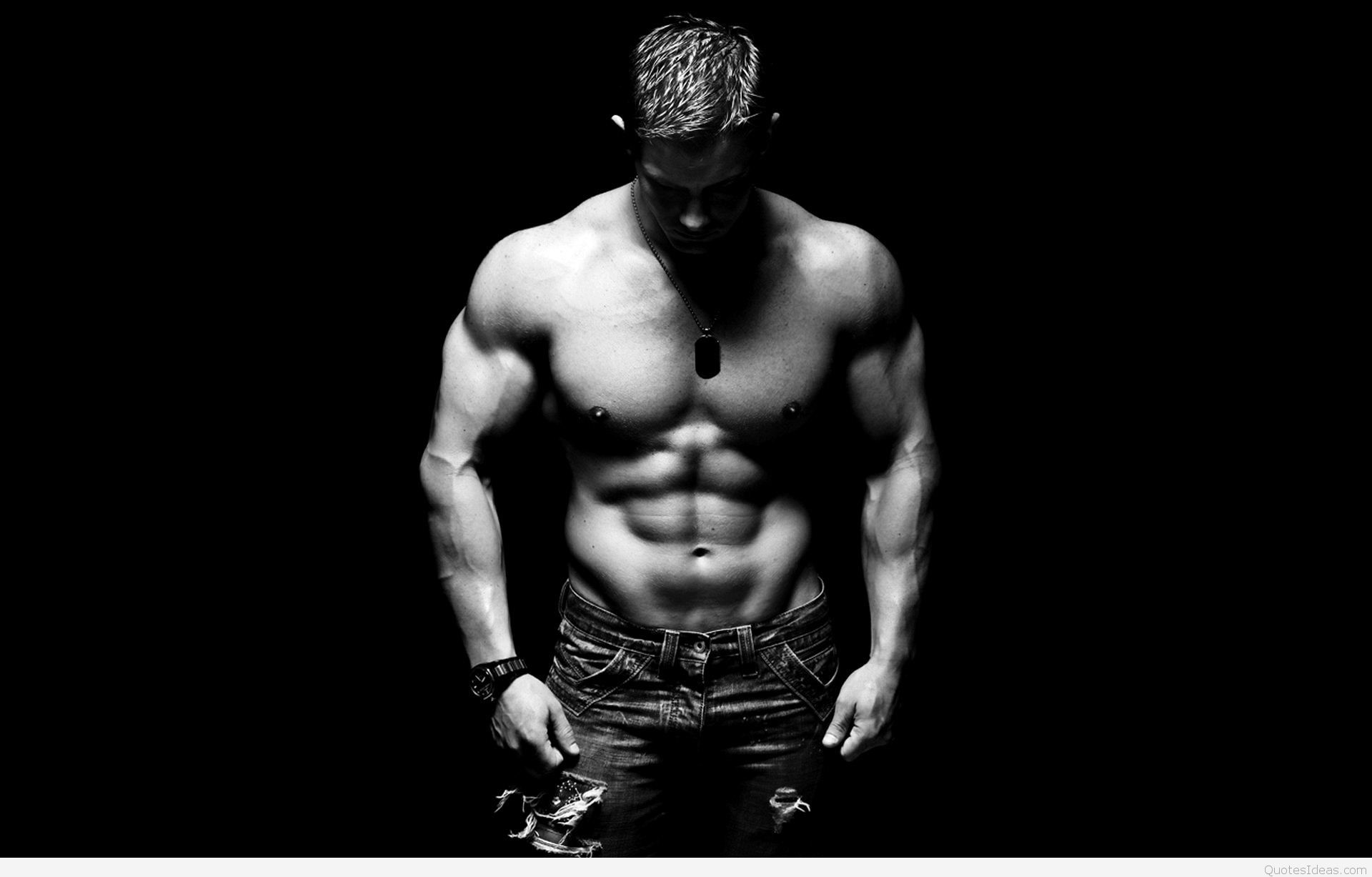 Uomo muscoloso, Addominali, Bianco e nero, Sfondo nero, Full HD, wallpaper per computer