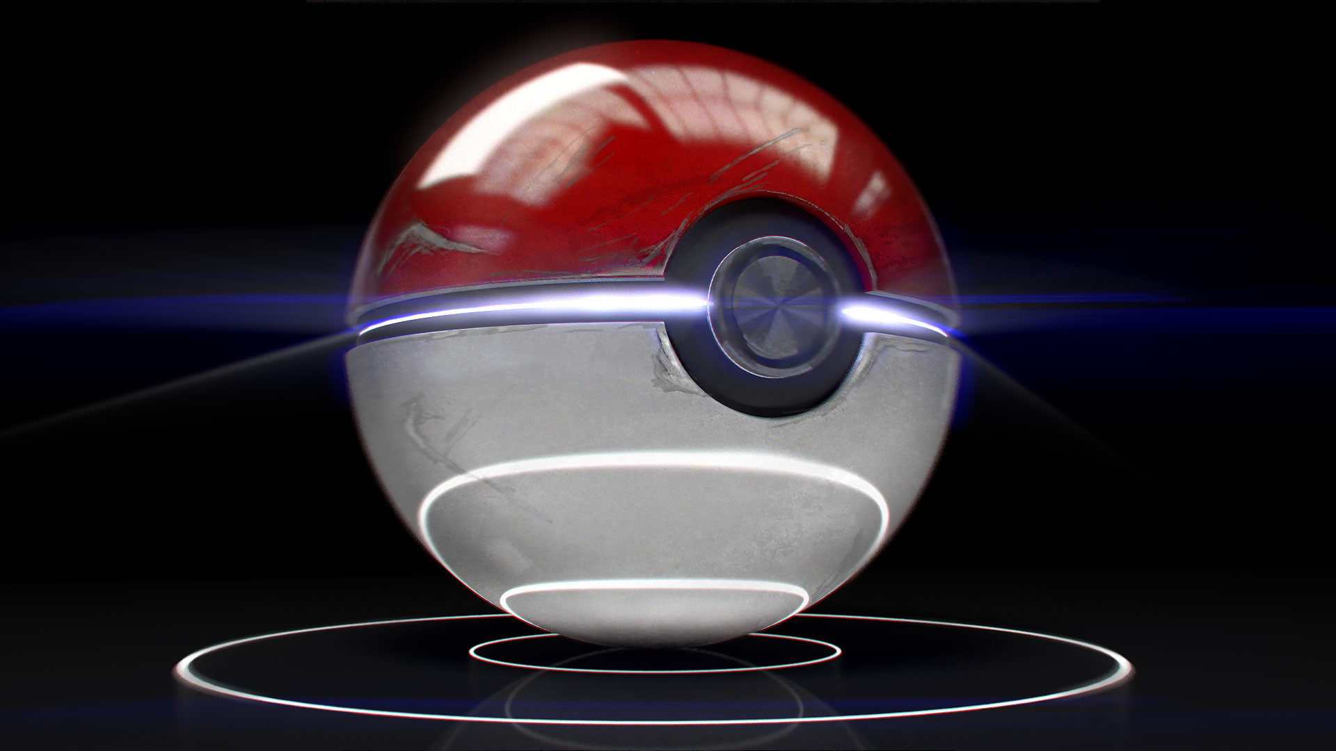 Poké Ball, Pokémon, 3D, Luce blu, Sfondo nero, Full HD, wallpaper per computer