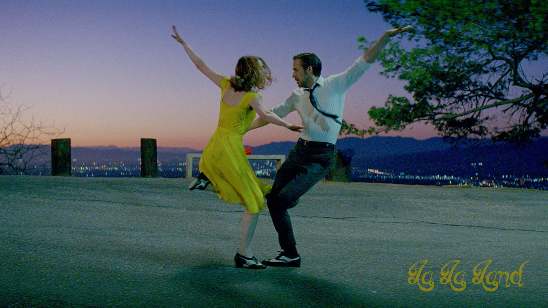 La La Land, Emma Stone, Ryan Gosling, Ballo, Abito giallo, Tramonto, wallpaper per portatile