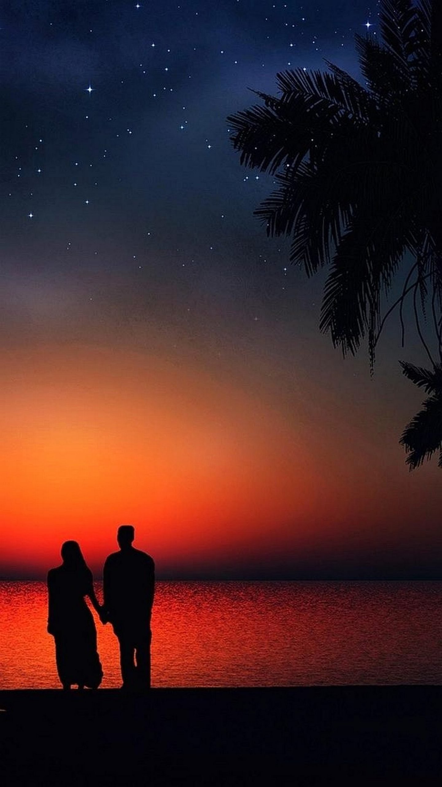 Coppia, Silhouette, Tramonto, Mare, Palme, QHD+, sfondo verticale per cellulare