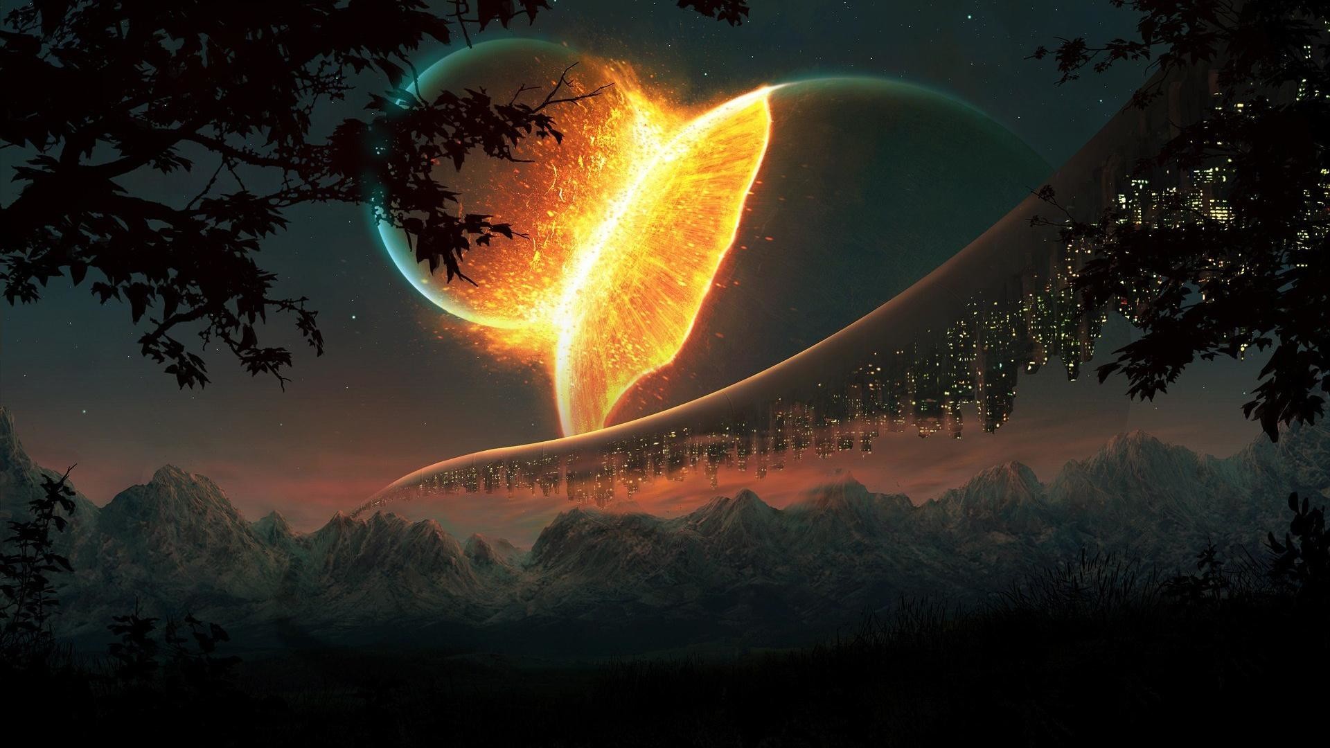 Pianeta, Esplosione, Fuoco, Fantascienza, Notte, Full HD, wallpaper per computer