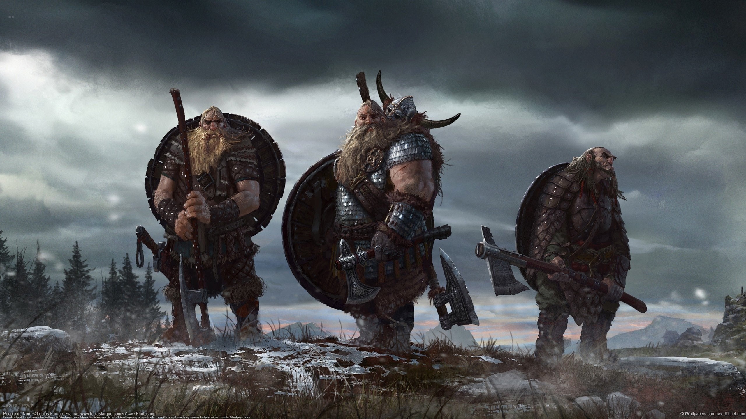 Guerrieri vichinghi, Illustrazione, Neve, Scudi, 2560x1440, sfondo per PC