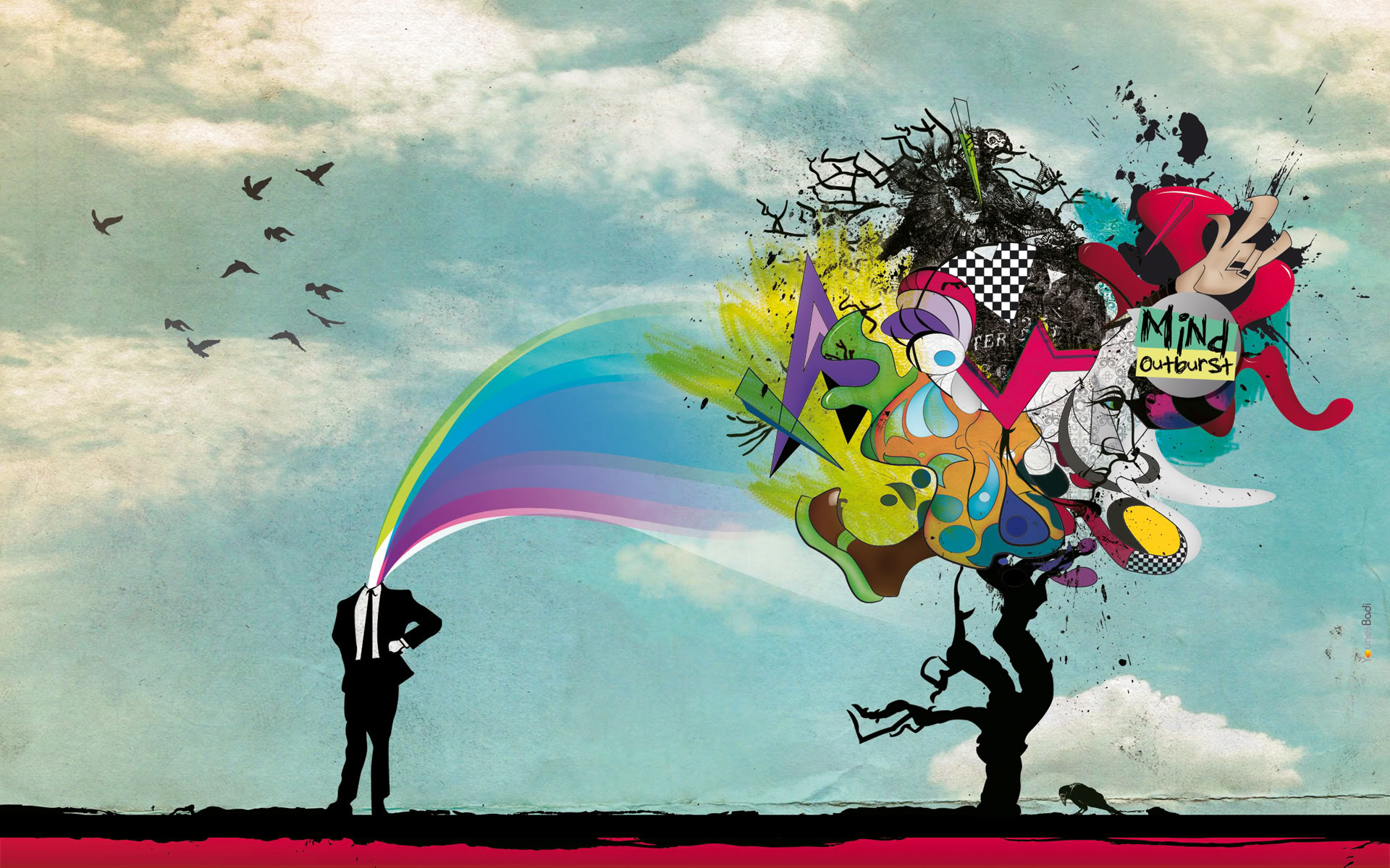 Collage surreale, Silhouette, Albero, Arcobaleno, Uccelli, Full HD, sfondo per portatile