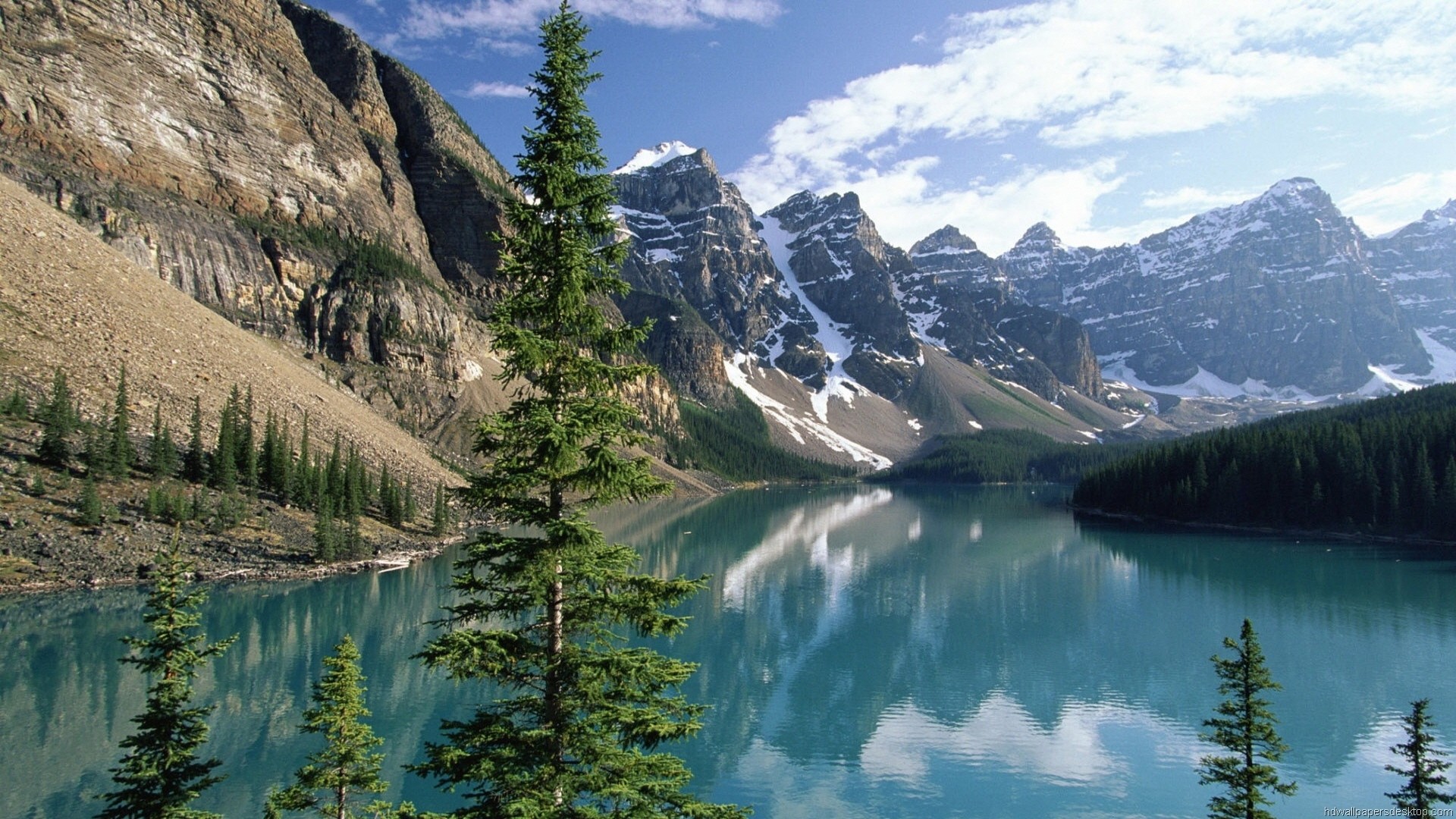 Lago Moraine, Valle dei Dieci Picchi, Banff, Canada, Abeti, Full HD, sfondo desktop