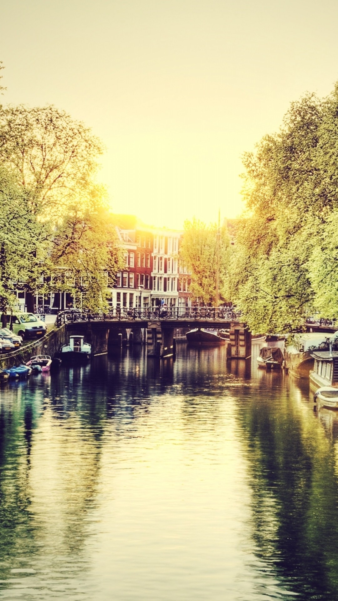 Amsterdam, Canale, Ponte, Tramonto, Alberi, Full HD, sfondo verticale per cellulare