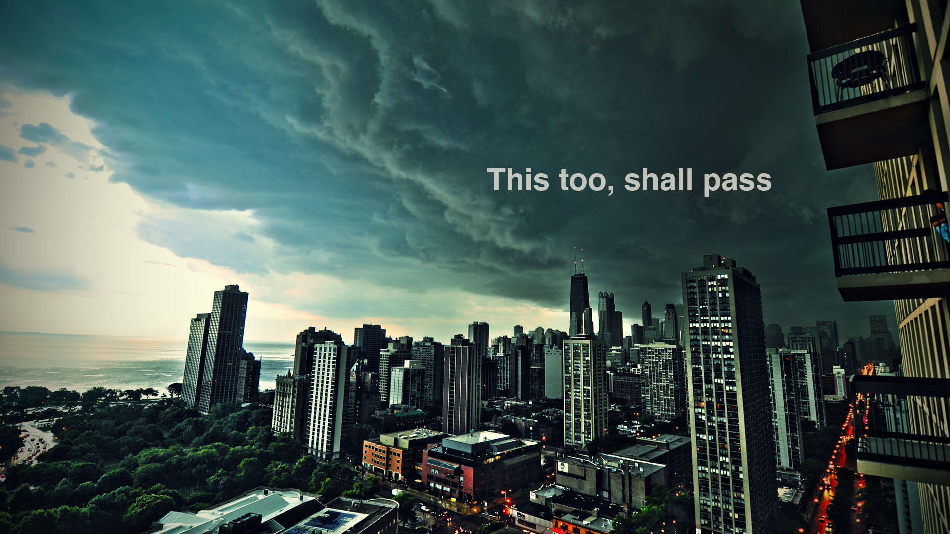 This too shall pass, Grattacieli, Nuvole temporalesche, Città, Citazione, sfondo desktop 1920x1080