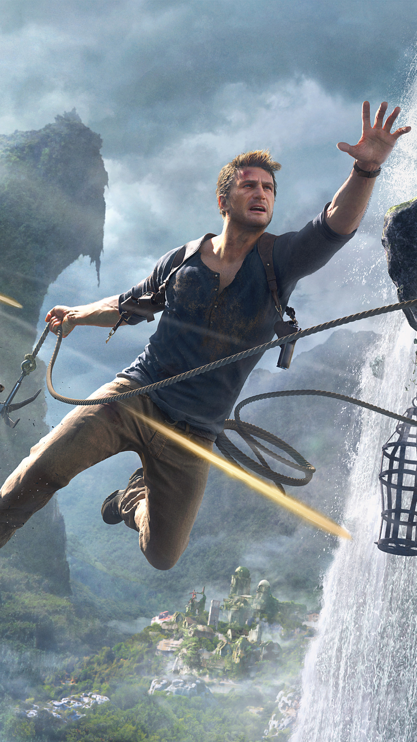 Nathan Drake, Uncharted 4, Rampino, Cascata, QHD+, sfondo per iPhone e Android