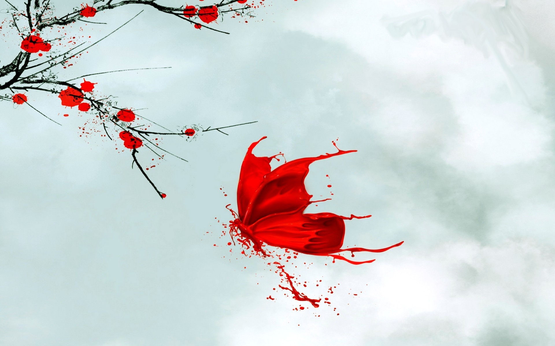 Farfalla rossa, Fiori di pruno, Ramo, Schizzi, Minimalismo, 1920x1200, sfondo MacBook Pro