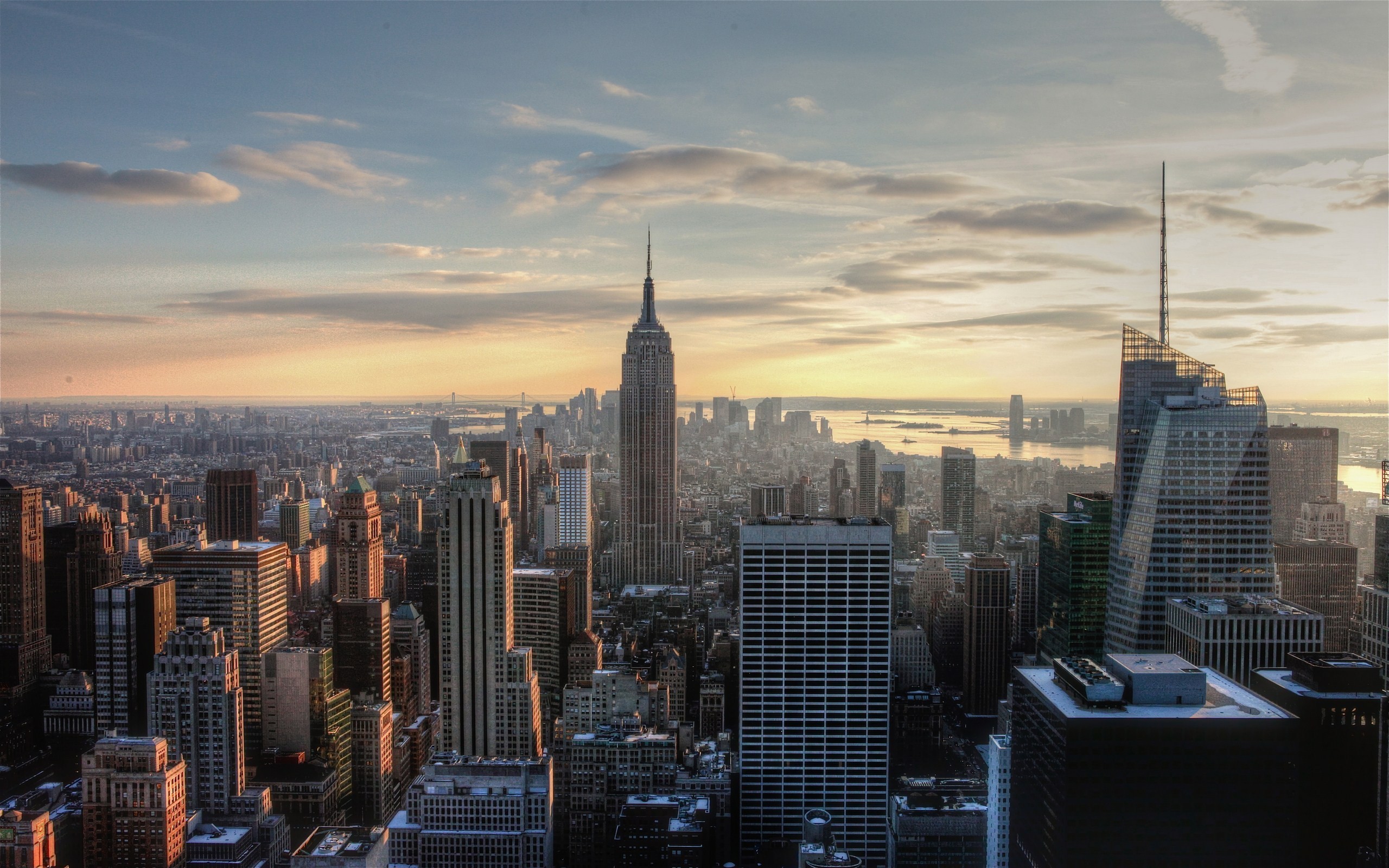 Empire State Building, Manhattan, Skyline, Tramonto, 2K, sfondo per PC e portatile