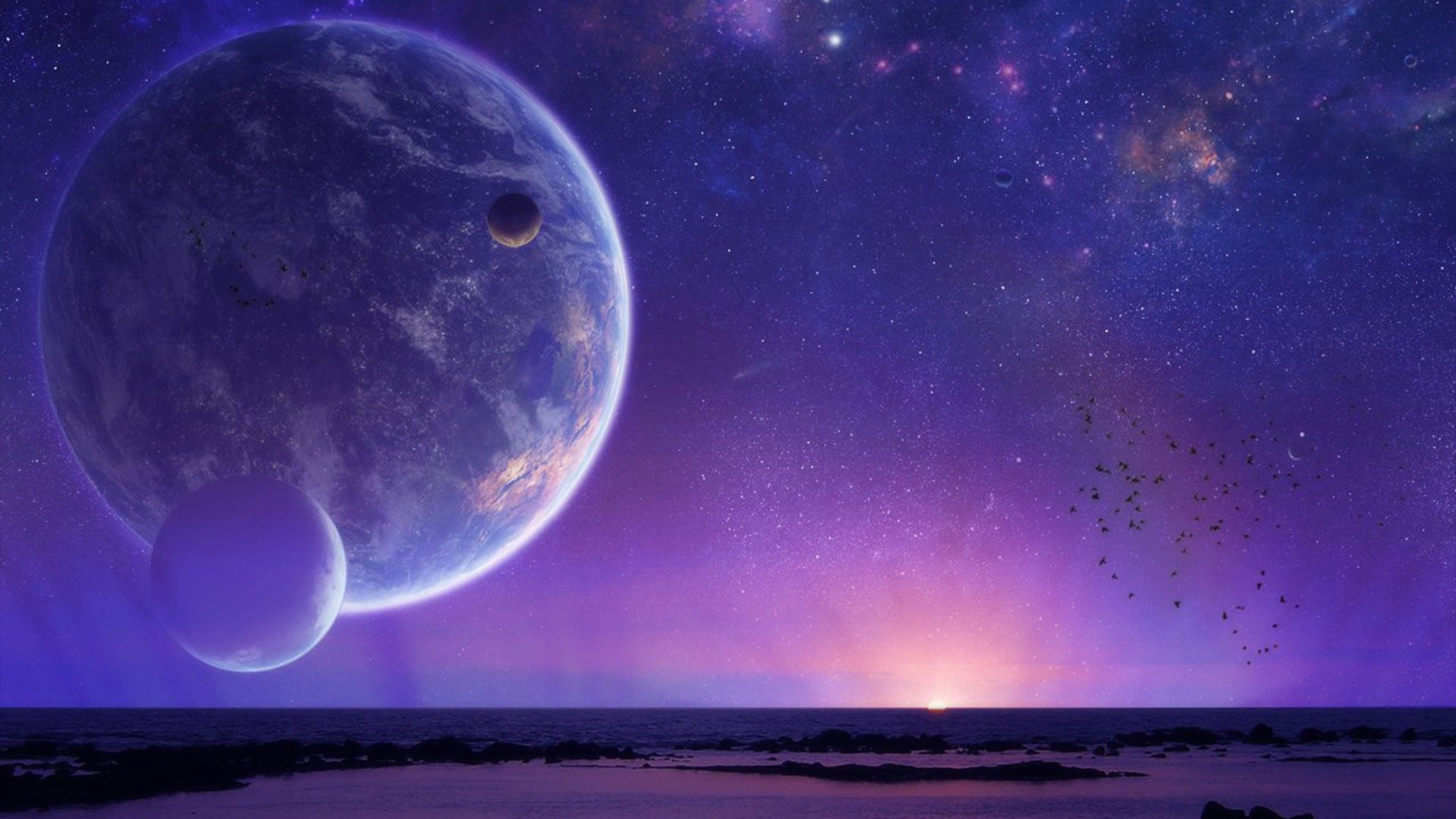 Pianeti, Lune, Paesaggio alieno, Cielo viola, Fantascienza, Full HD 1080p, sfondo desktop