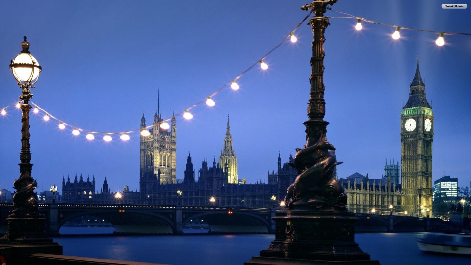 Big Ben, Palazzo di Westminster, Victoria Embankment, Londra, Luci, sfondo 16:9 Full HD