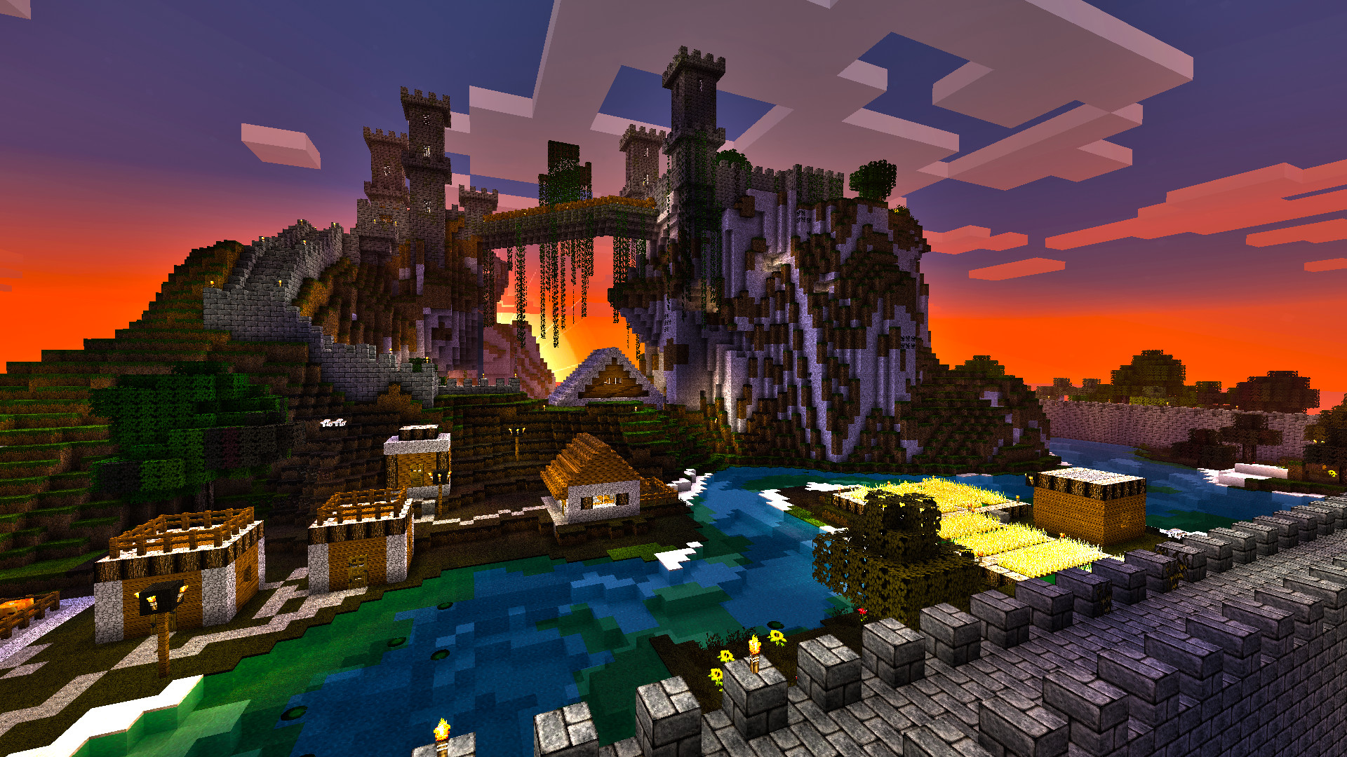Minecraft, Castello, Tramonto, Paesaggio, Full HD, sfondo Windows 11