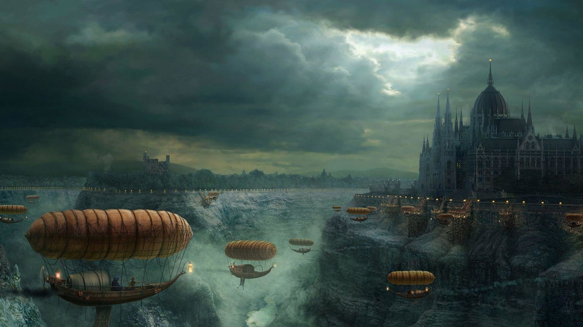 Parlamento di Budapest, Dirigibili, Città fantasy, Nuvole, 1920x1080, wallpaper desktop