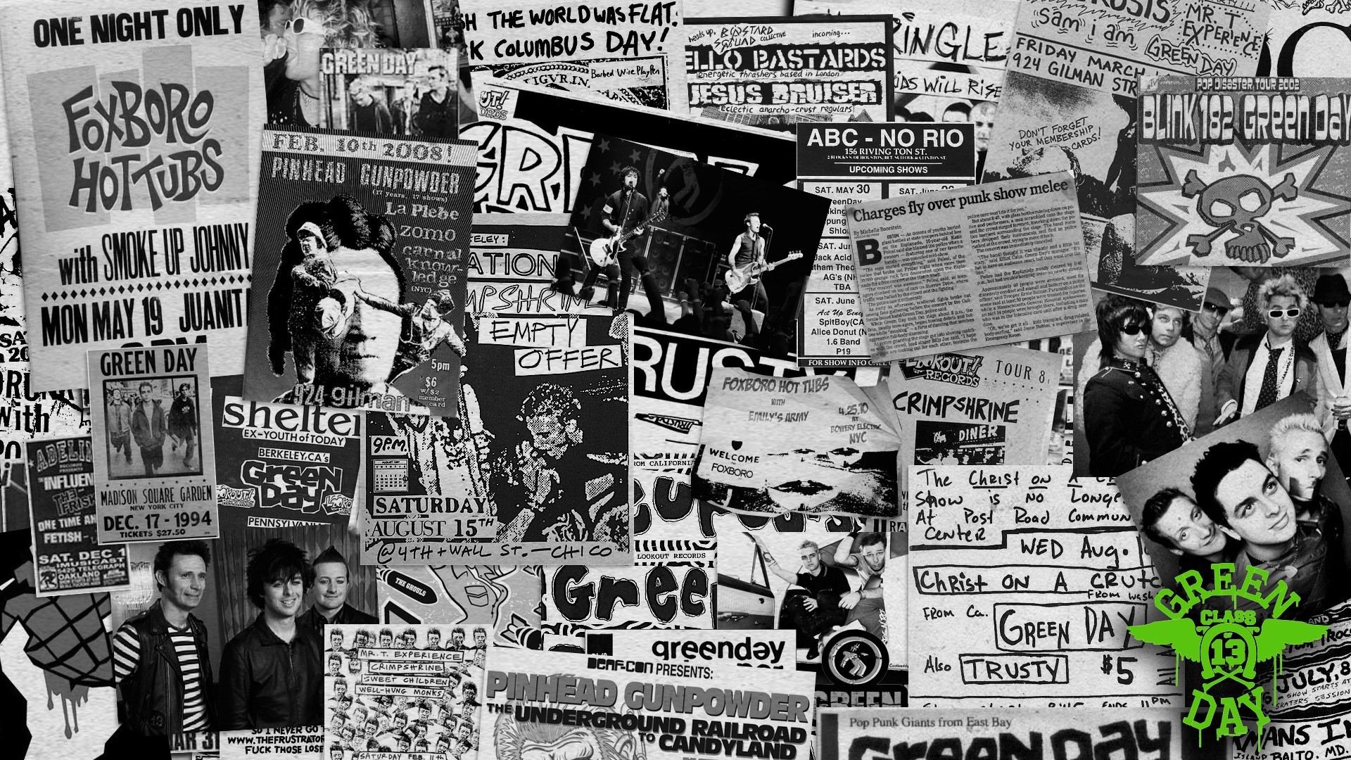 Green Day, Collage, Ritagli di giornale, Bianco e nero, 16:9 Full HD, sfondo widescreen