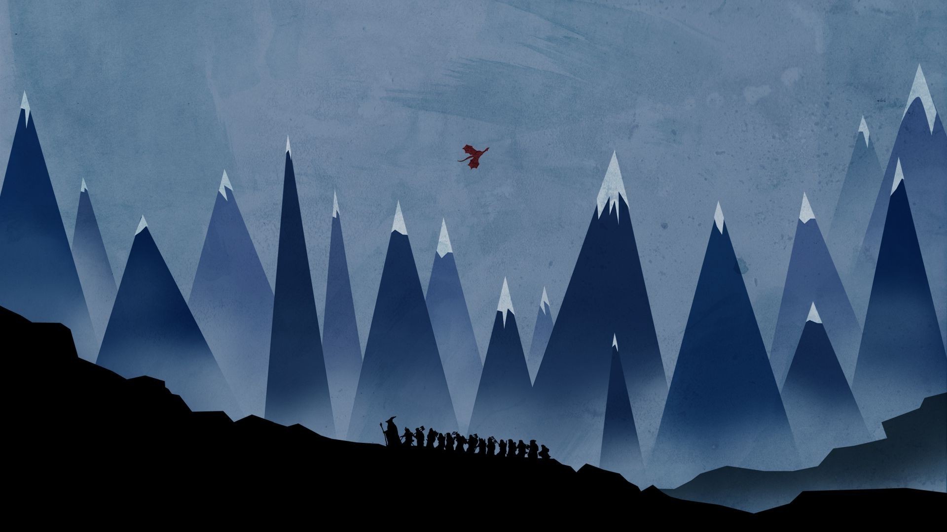 Lo Hobbit, Montagne Nebbiose, Compagnia di Thorin, Poster minimalista, sfondo desktop Full HD
