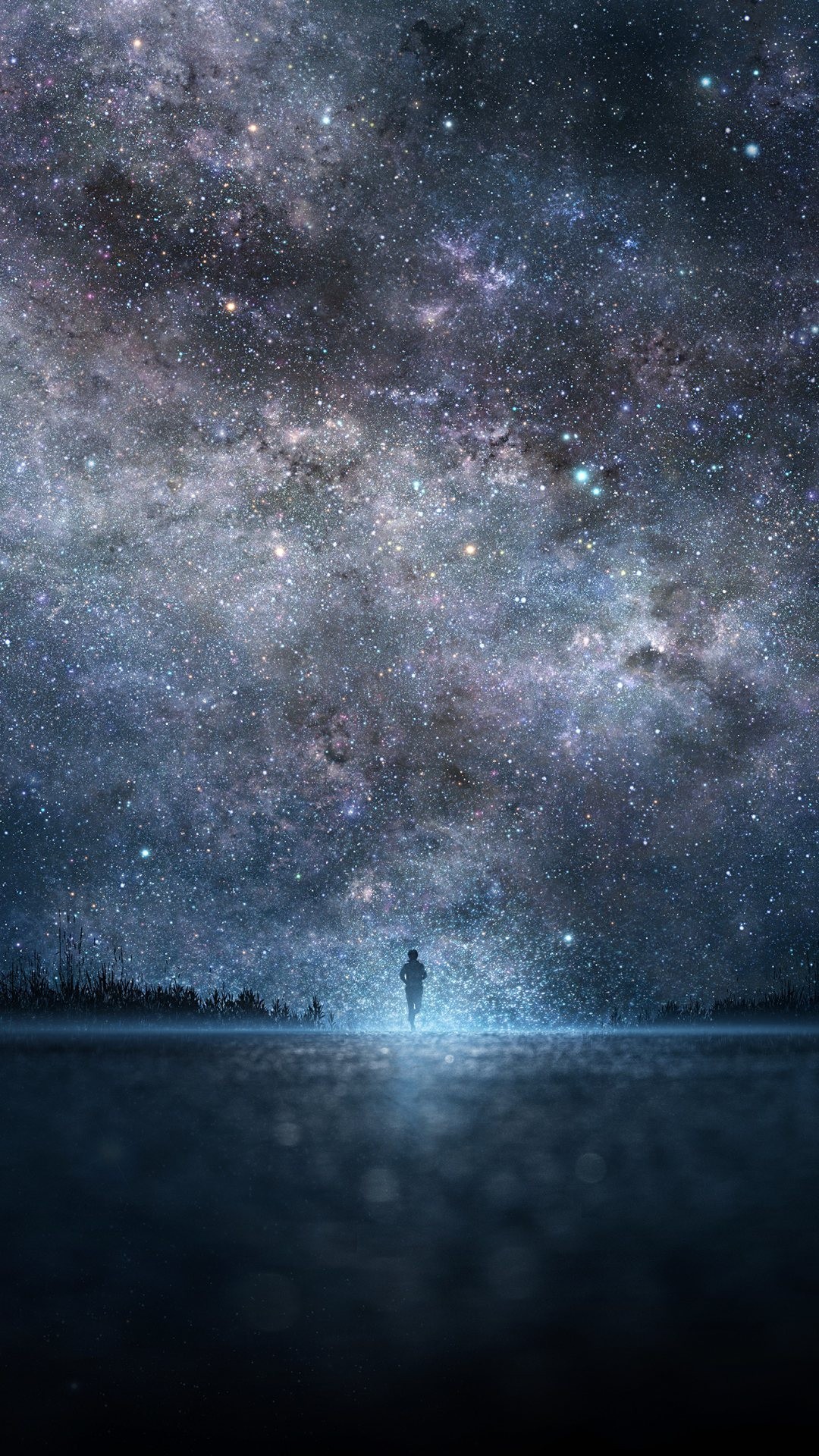 Cielo stellato, Via Lattea, Figura solitaria, Notte, sfondo iPhone 4K verticale