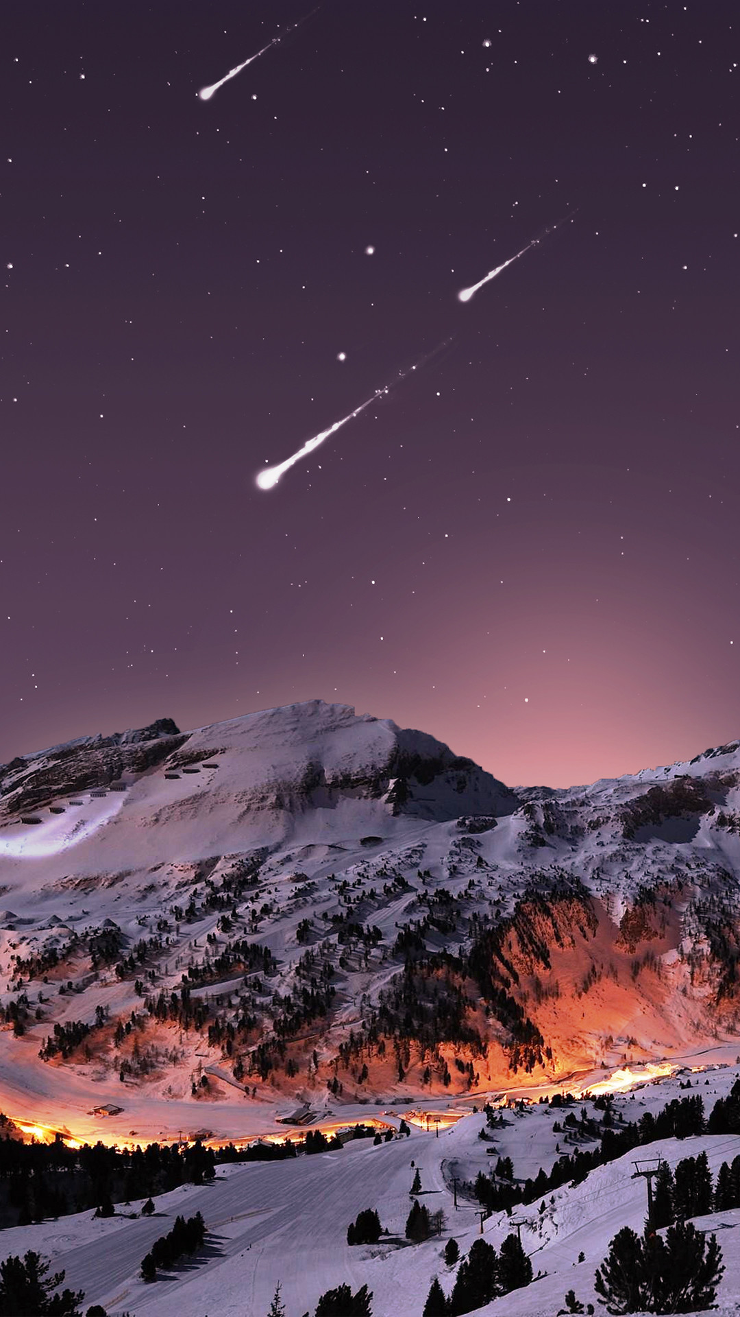 Stelle cadenti, Montagne innevate, Cielo notturno, sfondo schermata di blocco iPhone 5S