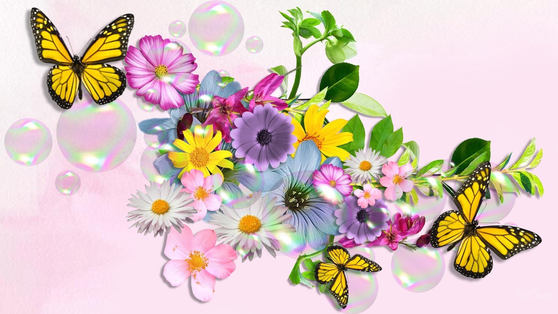 Farfalle gialle, Fiori, Bolle, Illustrazione, Full HD, sfondo per PC