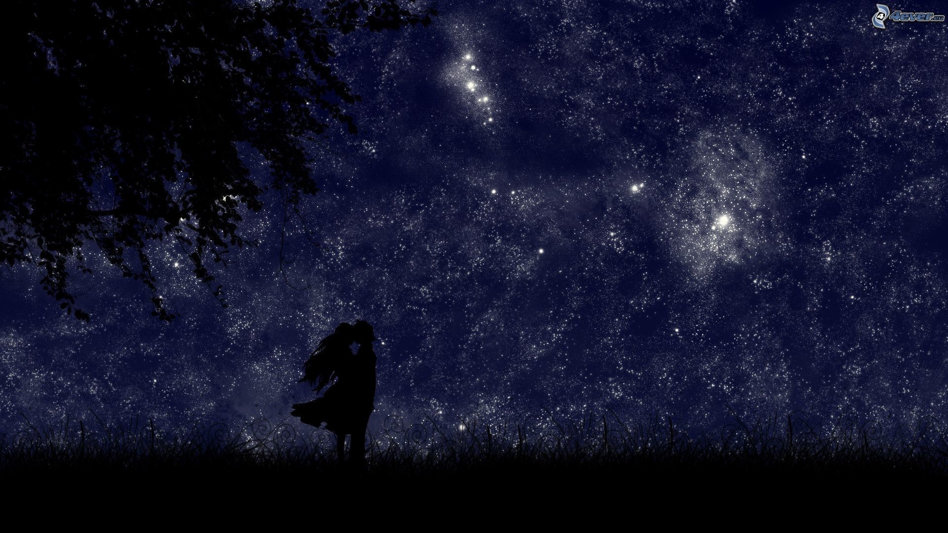 Coppia, Bacio, Silhouette, Cielo stellato, 16:9 Full HD, sfondo widescreen