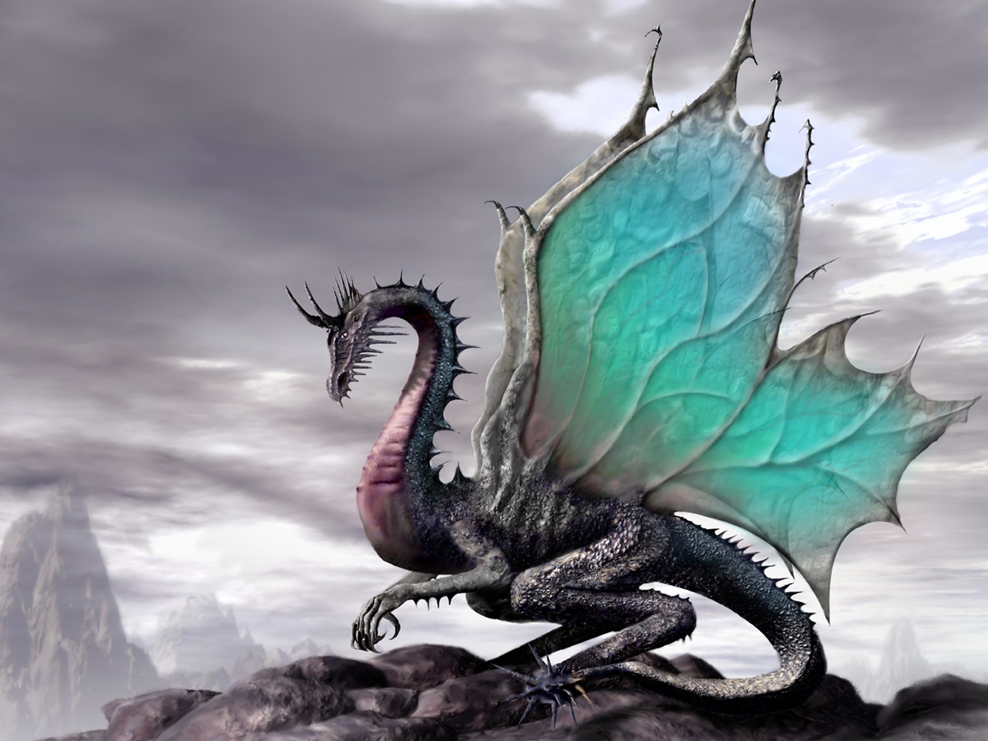 Drago, Ali turchesi, Roccia, Cielo nuvoloso, Full HD, wallpaper per tablet