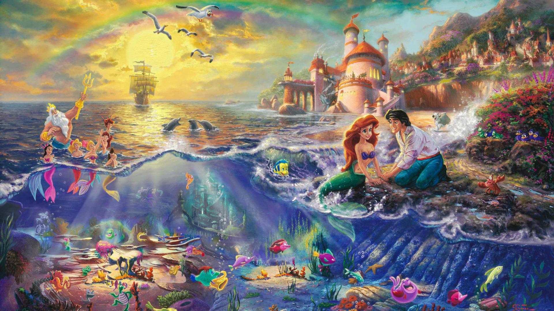 La Sirenetta, Ariel, Principe Eric, Thomas Kinkade, Pittura, 1920x1080, wallpaper desktop