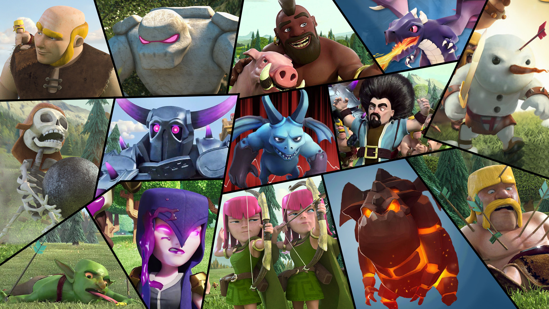 Clash of Clans, Collage, Golem, Strega, Domatore di cinghiali, Mastino lavico, sfondo Full HD