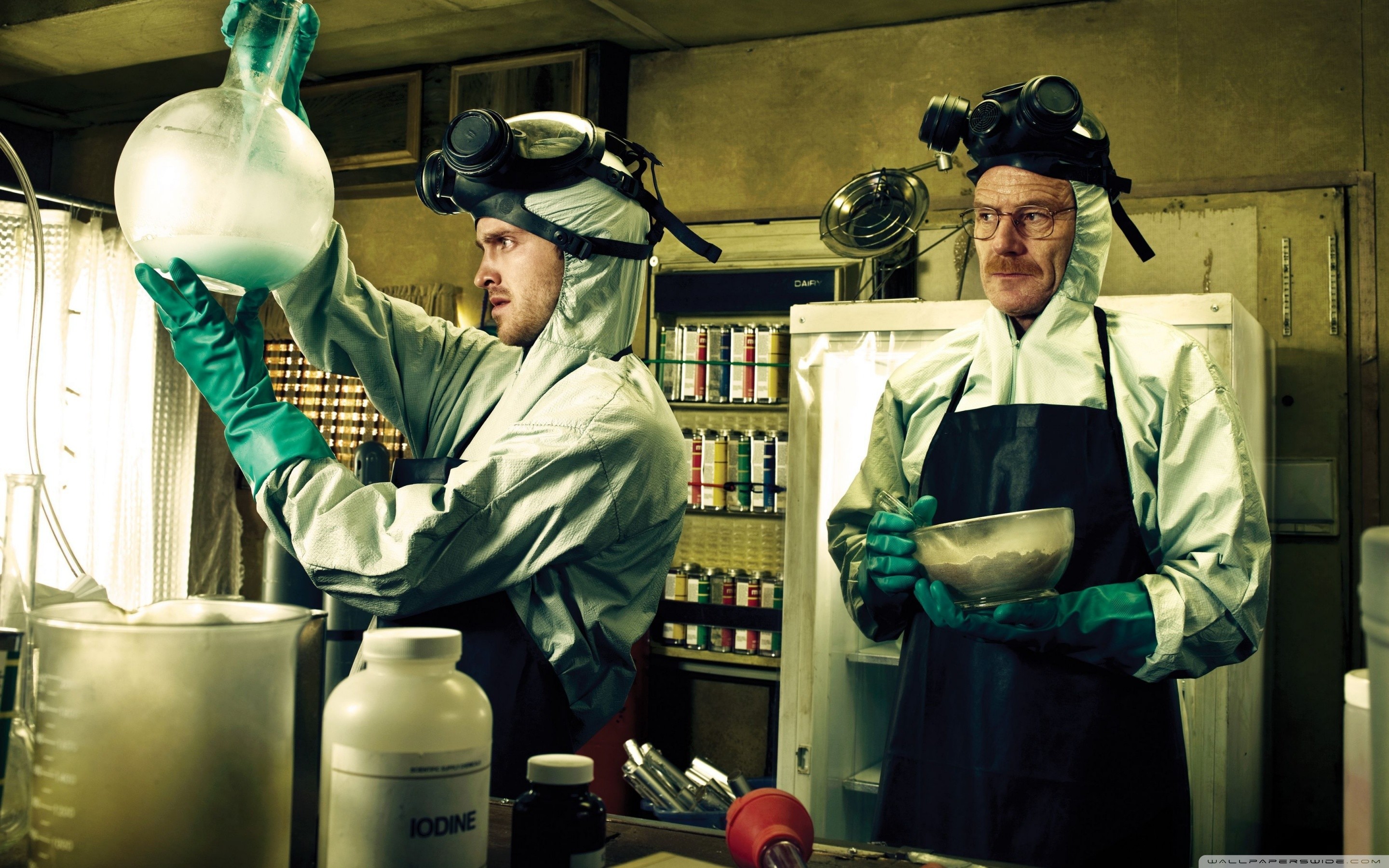 Walter White, Jesse Pinkman, Breaking Bad, Laboratorio, Maschera antigas, sfondo desktop 2880x1800