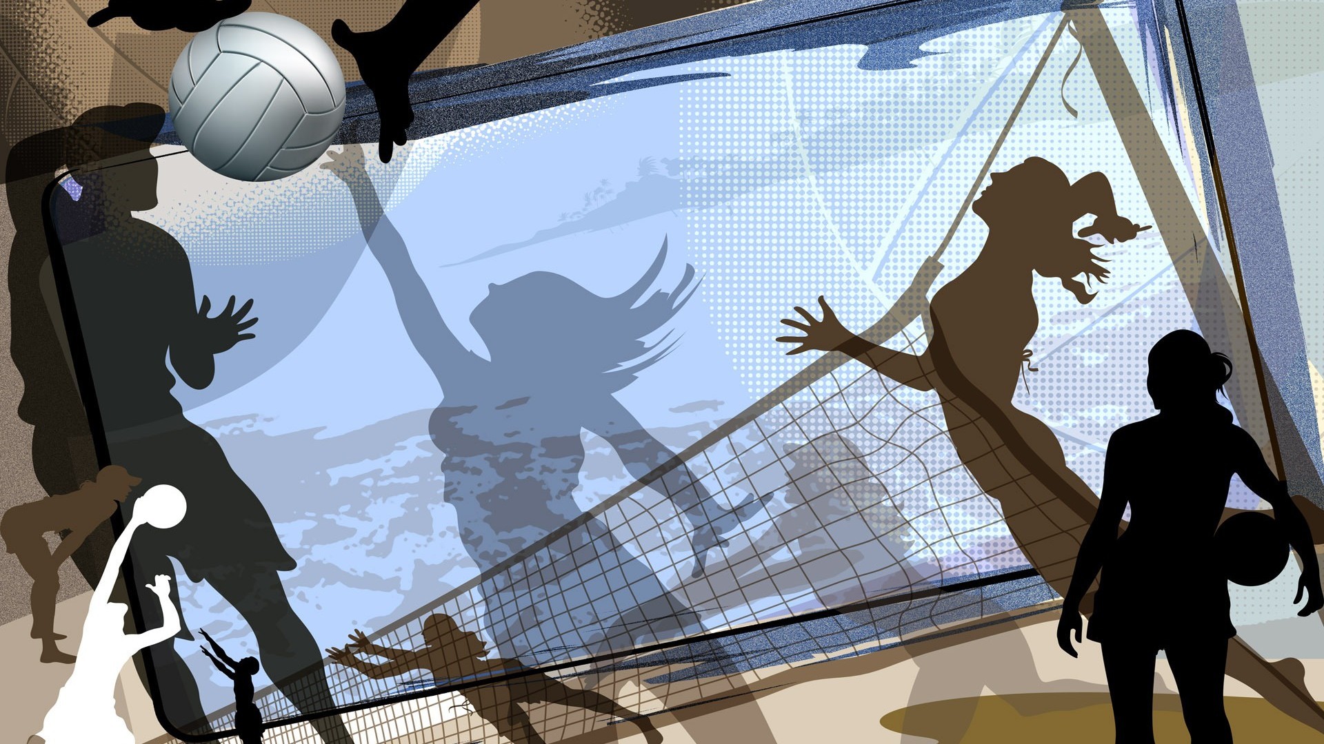 Pallavolo, Silhouette, Rete, Pallone, Illustrazione, 1920x1080, sfondo per PC