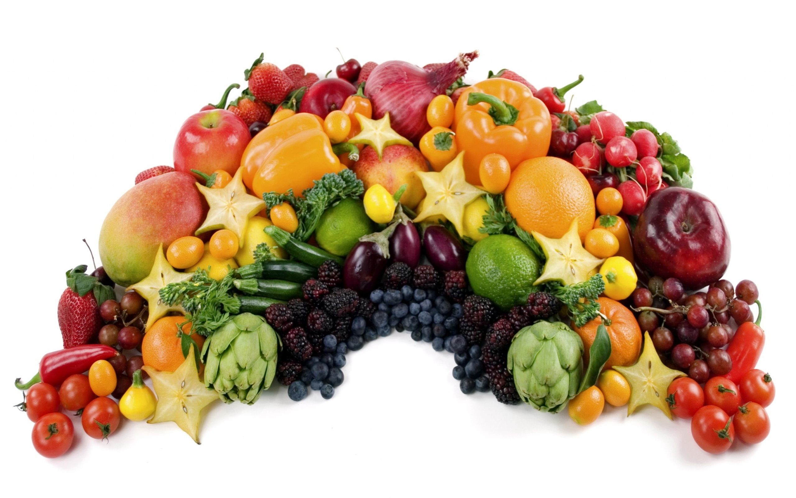 Frutta, Verdure, Arcobaleno, Carambola, Sfondo bianco, 2K, wallpaper desktop