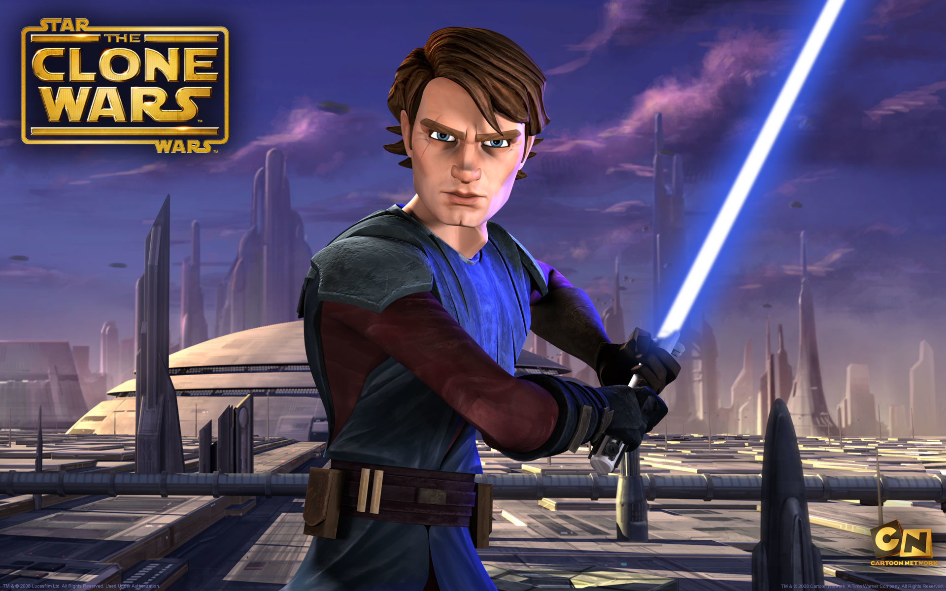 Anakin Skywalker, Star Wars: The Clone Wars, Spada laser blu, Coruscant, Animazione, sfondo Full HD