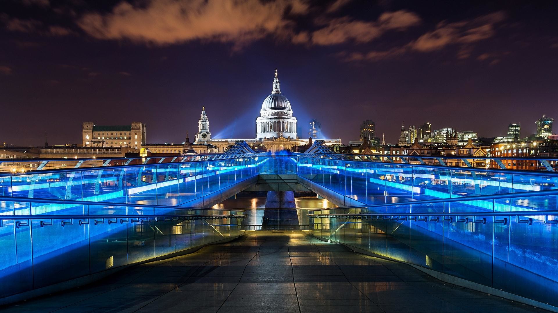Millennium Bridge, Cattedrale di San Paolo, Londra, Luci blu, Notte, sfondo desktop 1920x1080