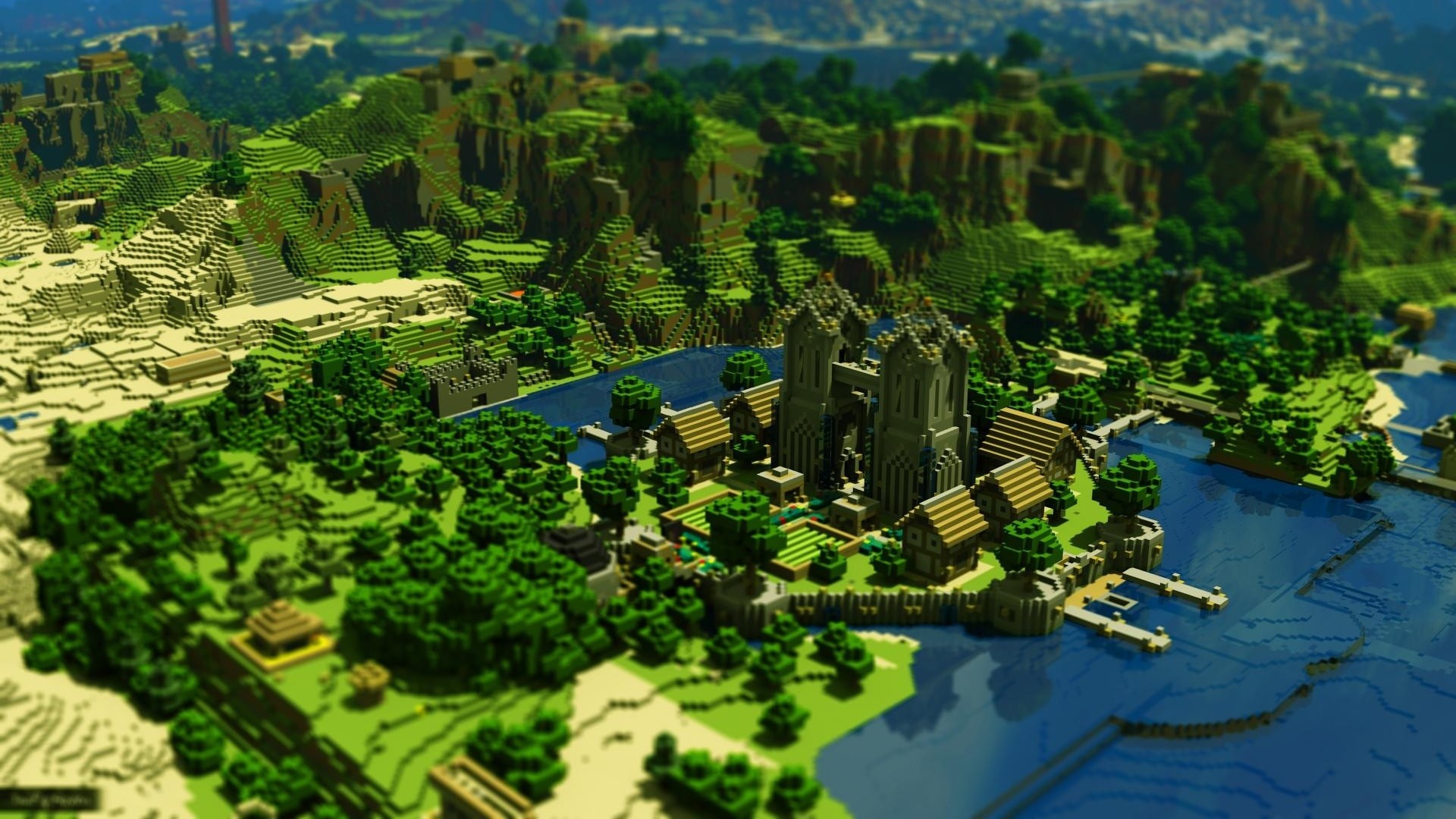 Minecraft, Villaggio, Vista aerea, Fiume, Foresta, Full HD 1080p, sfondo desktop