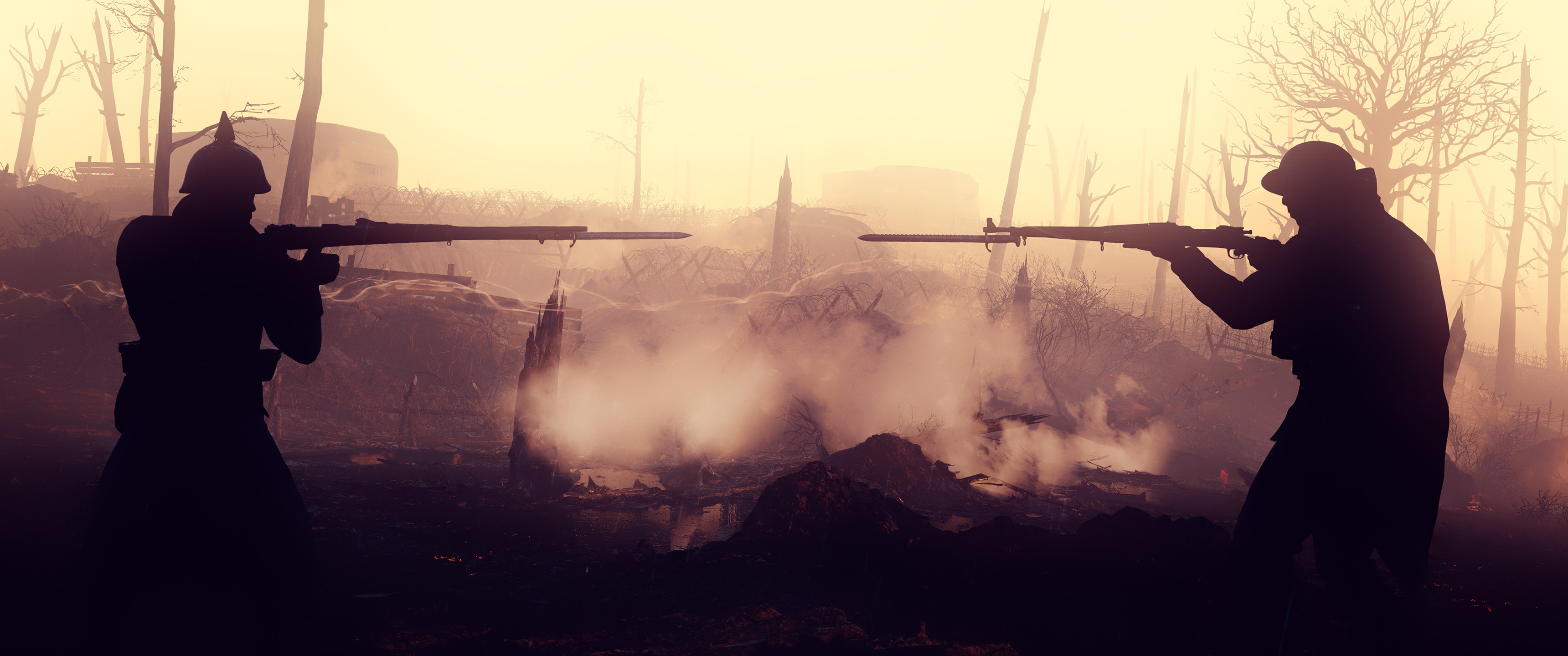 Battlefield 1, Soldati, Silhouette, Fucili, Nebbia, 21:9 2K, sfondo widescreen