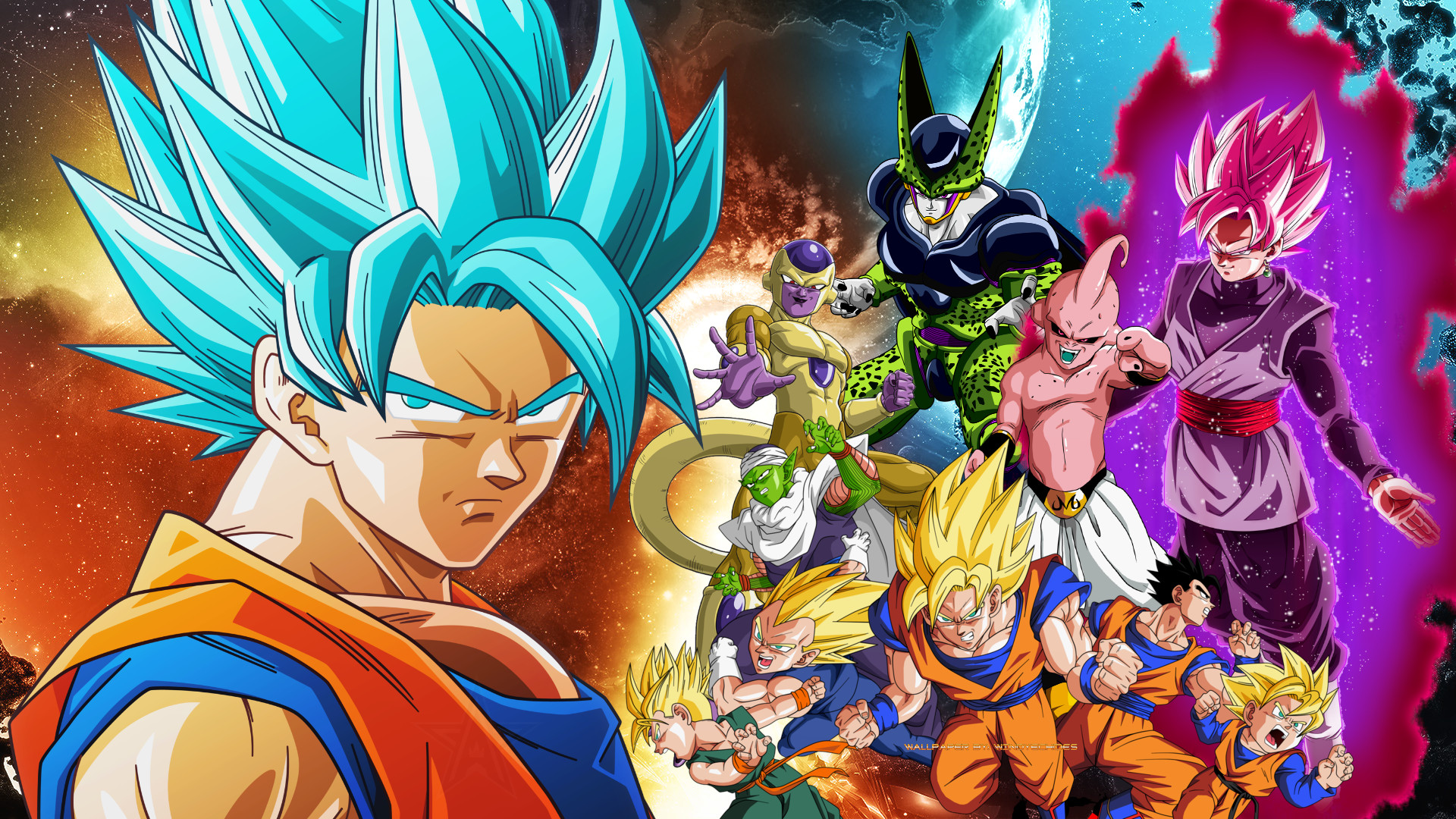 Goku, Super Saiyan Blue, Cell, Goku Black, Dragon Ball Super, Full HD, sfondo Windows 11