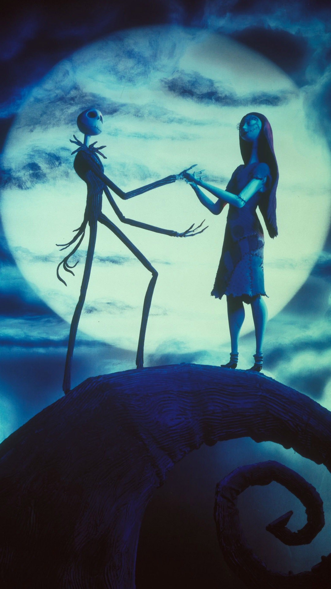 Jack Skellington, Sally, Nightmare Before Christmas, Spiral Hill, Notte, sfondo iPhone Full HD