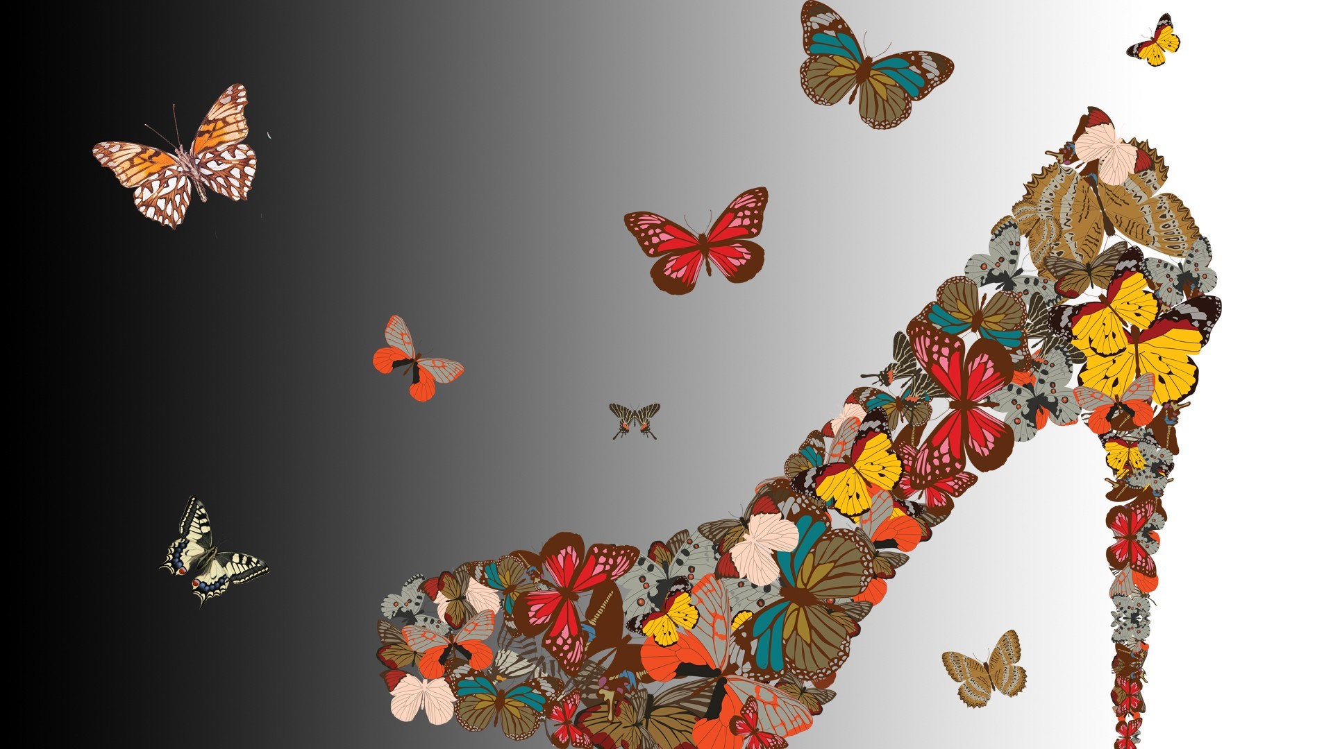 Farfalle, Scarpa col tacco, Collage, 1920x1080, immagine di sfondo