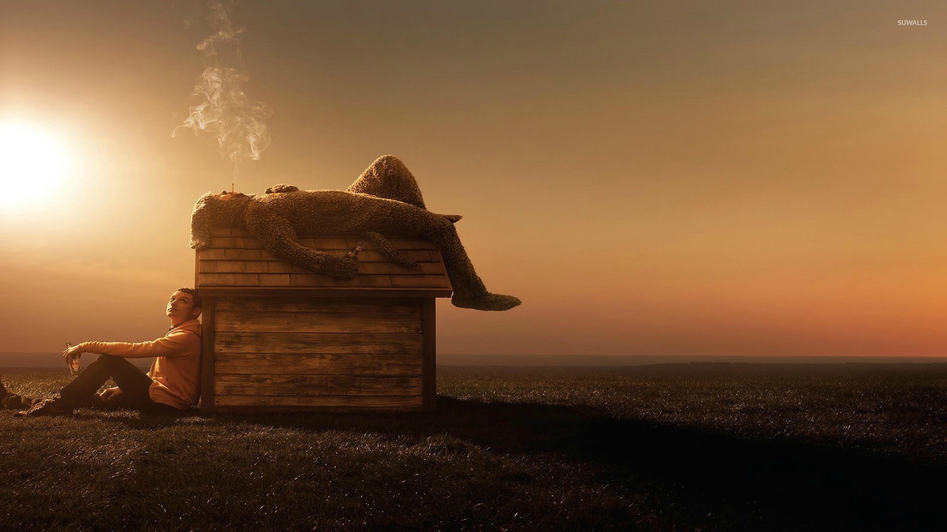 True Detective, Tramonto, Capanno, Campagna, Toni arancioni, 16:9 Full HD, sfondo widescreen