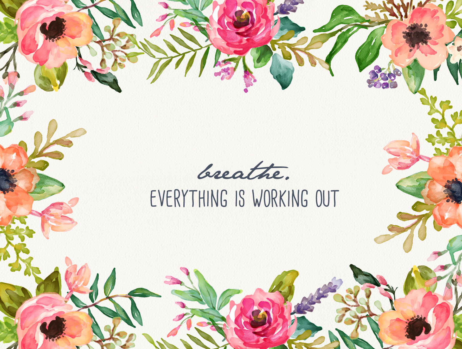Breathe. Everything is working out, Citazione, Fiori ad acquerello, schermata di blocco iPad