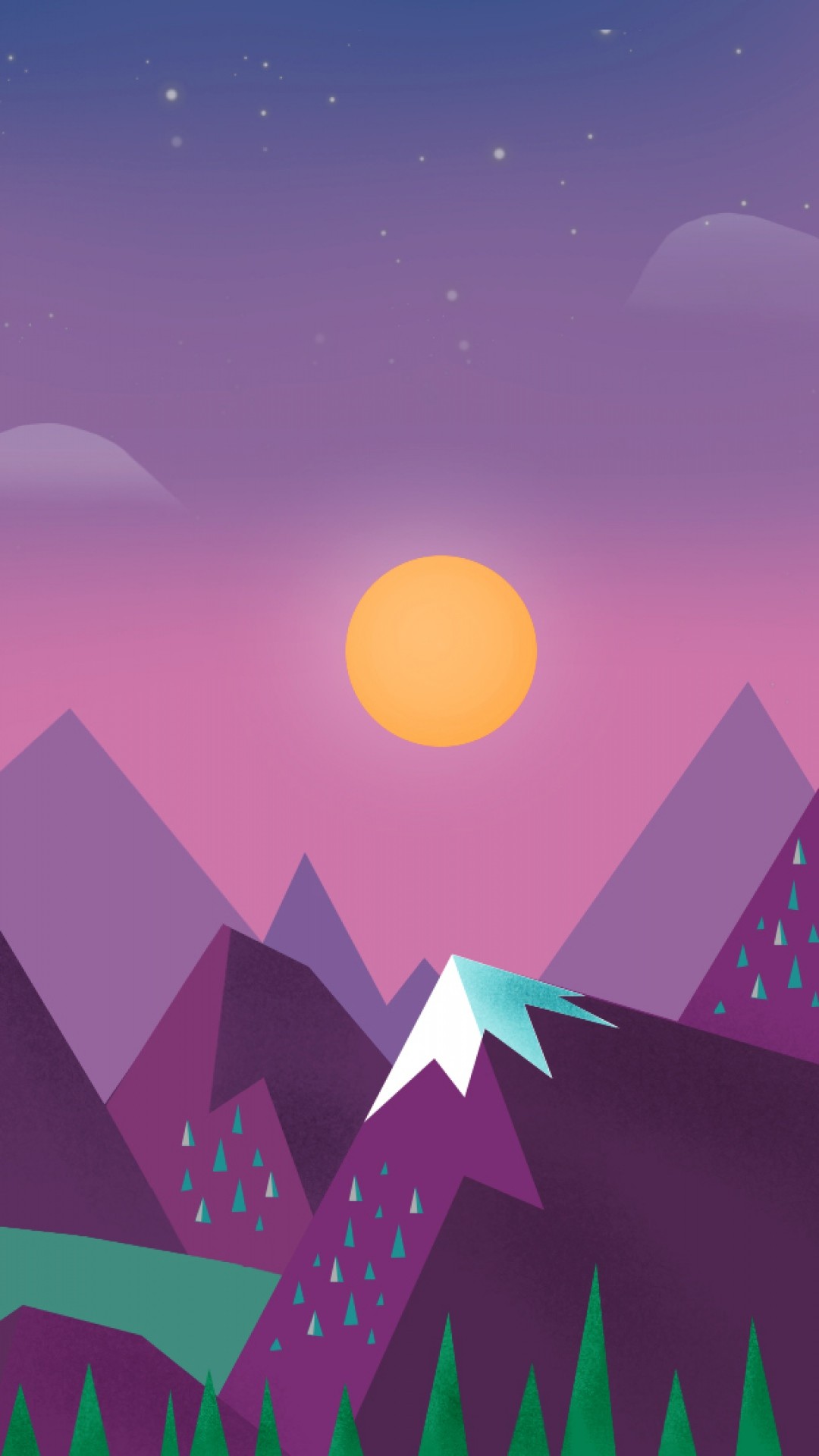 Montagne, Sole, Illustrazione flat, Viola, sfondo per cellulare