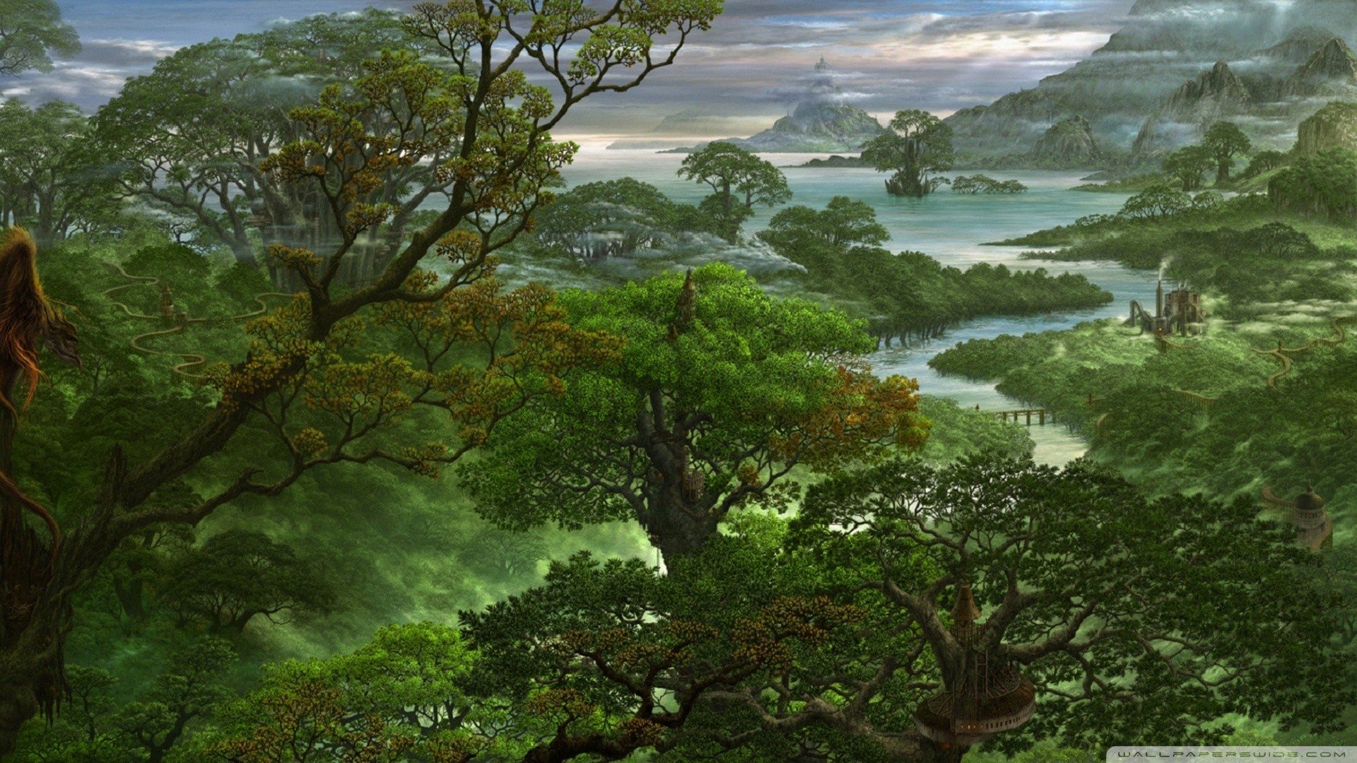 Giungla, Arte fantasy, Fiume, Paesaggio, Full HD, wallpaper per PC