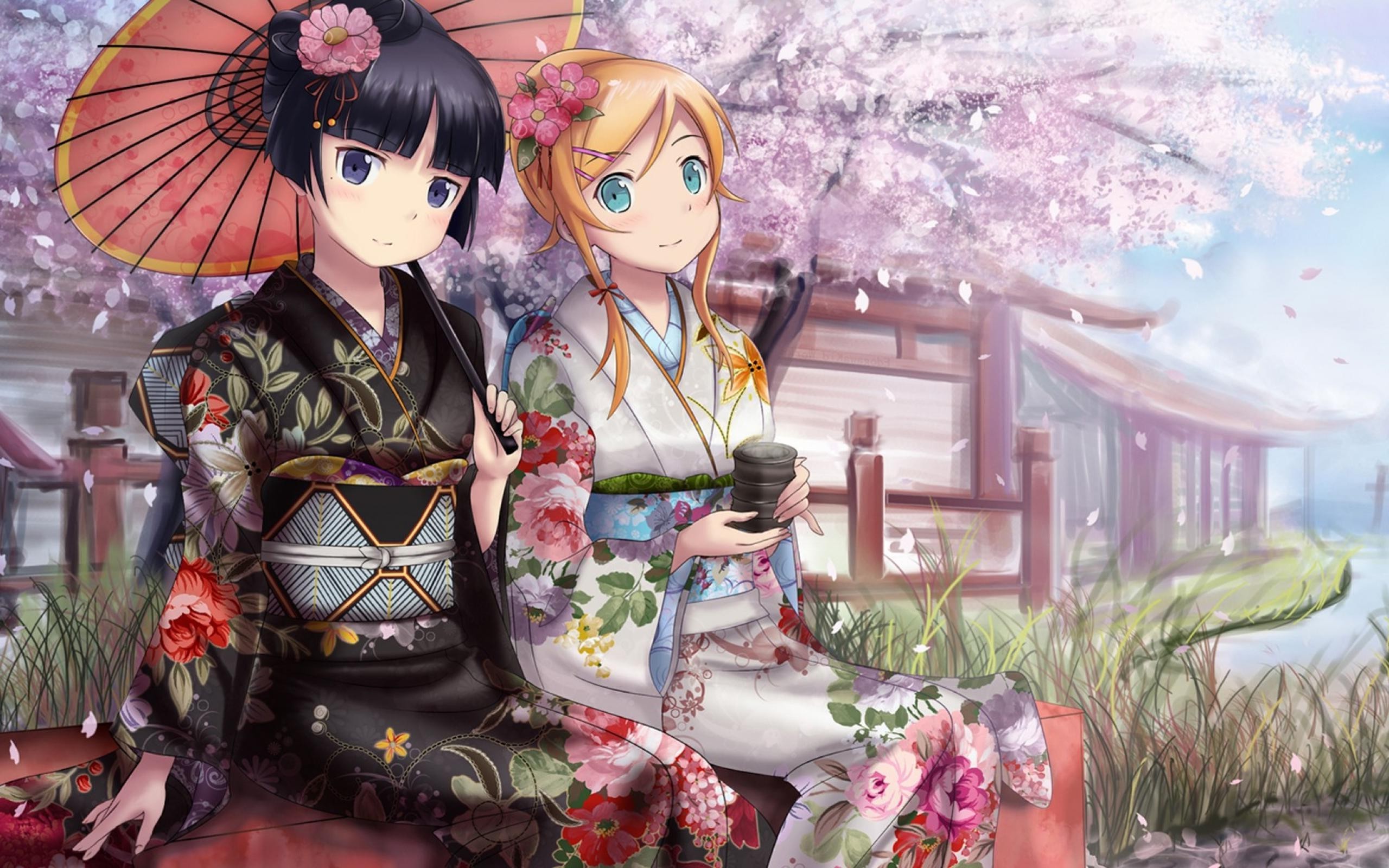 Ruri Gokō, Kirino Kousaka, Oreimo, Kimono, Ombrello, Ciliegi in fiore, sfondo desktop 2560x1600