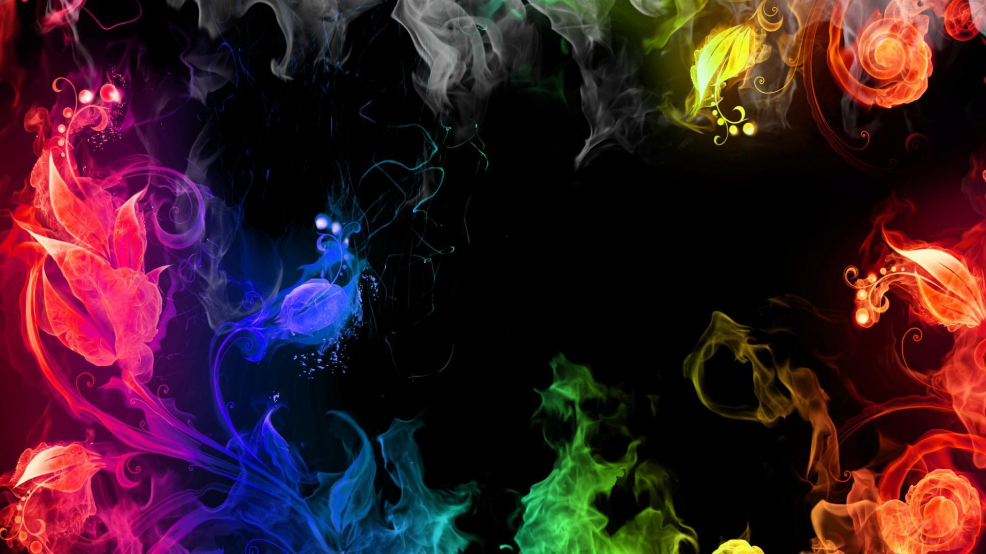 Fumo colorato, Fiori, Sfondo nero, Arte digitale, Full HD, wallpaper desktop