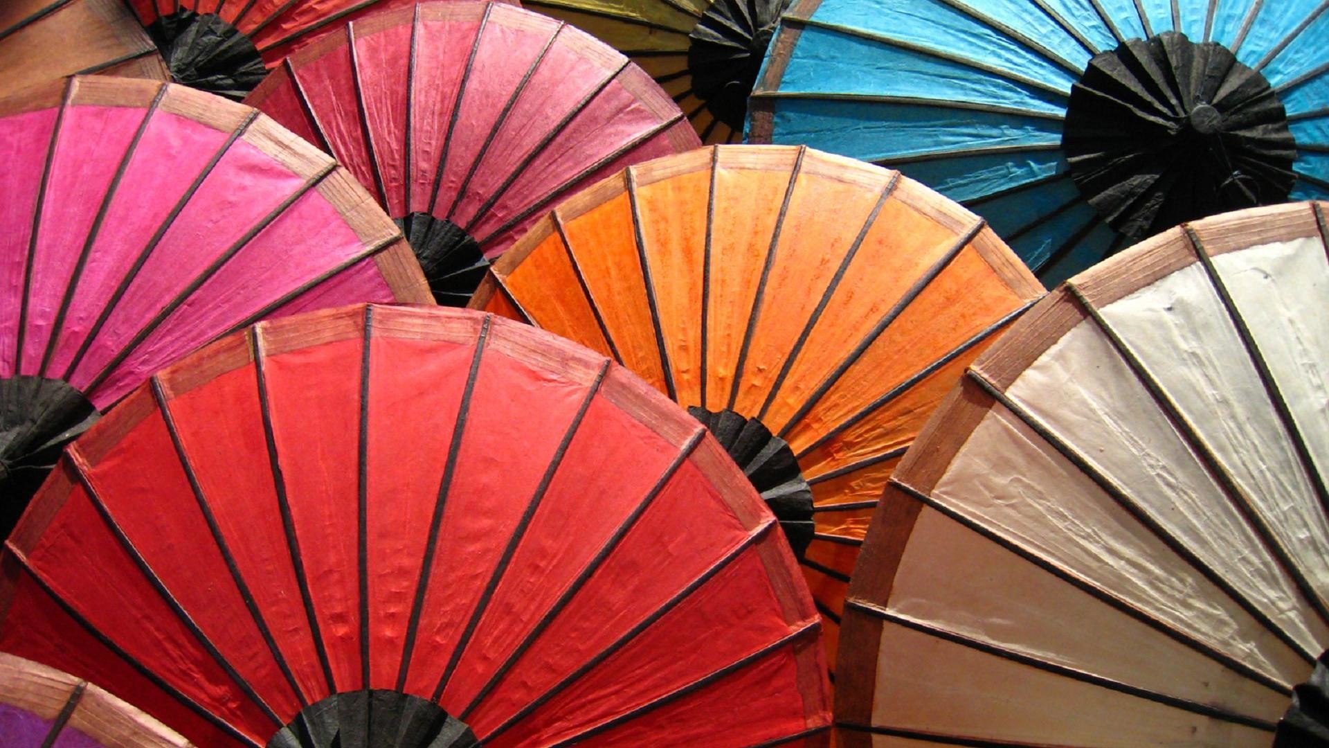 Ombrelli di carta, Ombrelli thailandesi, Rosso, Arancione, sfondo per desktop