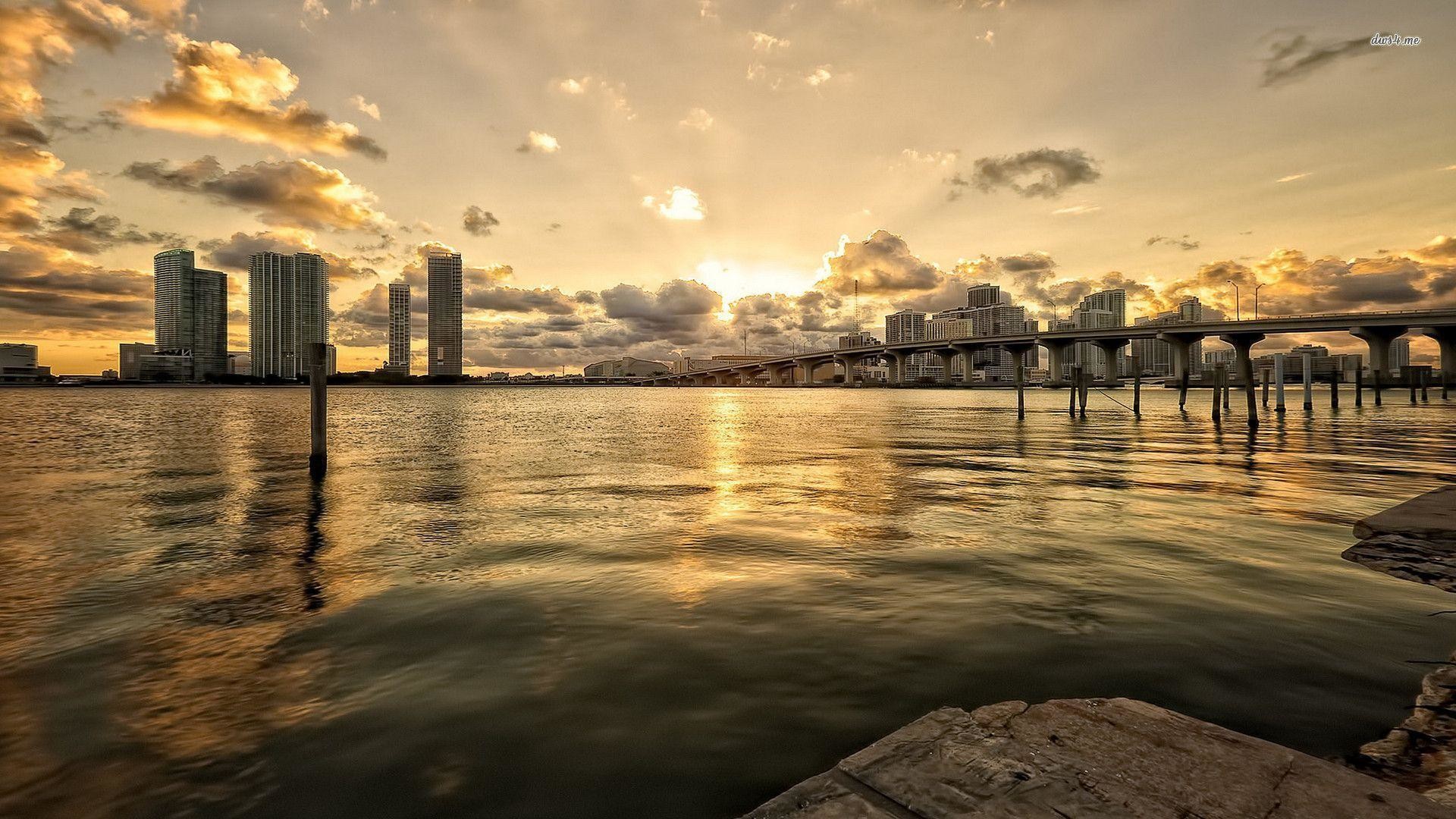 Miami, Biscayne Bay, Tramonto, Nuvole, 1920x1080, immagine di sfondo