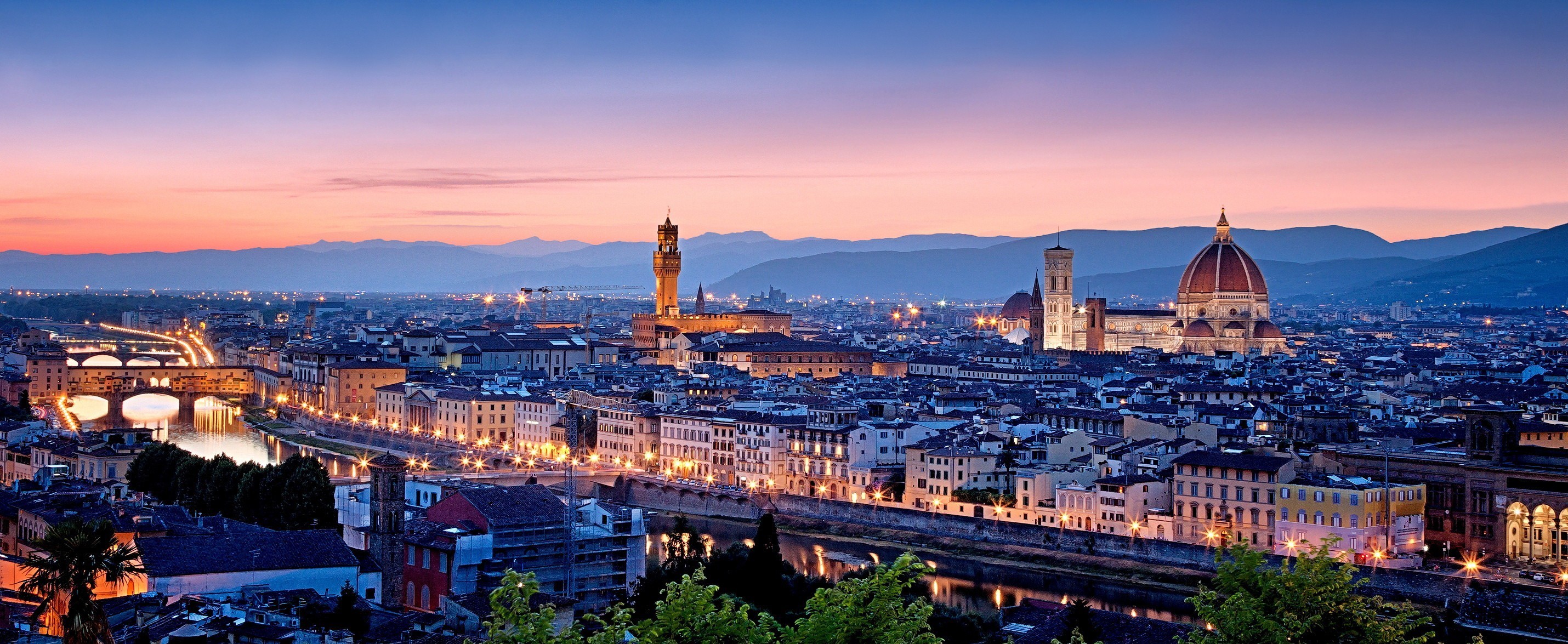 Firenze, Duomo di Firenze, Palazzo Vecchio, Toscana, Italia, Tramonto, wallpaper desktop Full HD