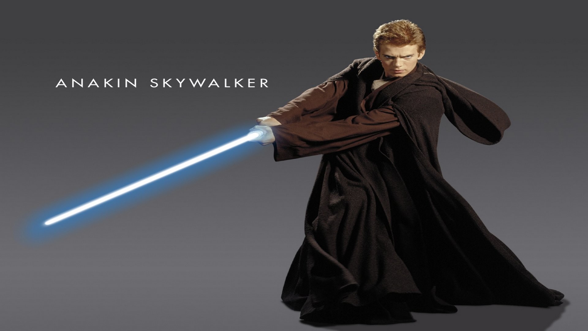 Anakin Skywalker, Hayden Christensen, Star Wars, Spada laser blu, Sfondo grigio, wallpaper desktop