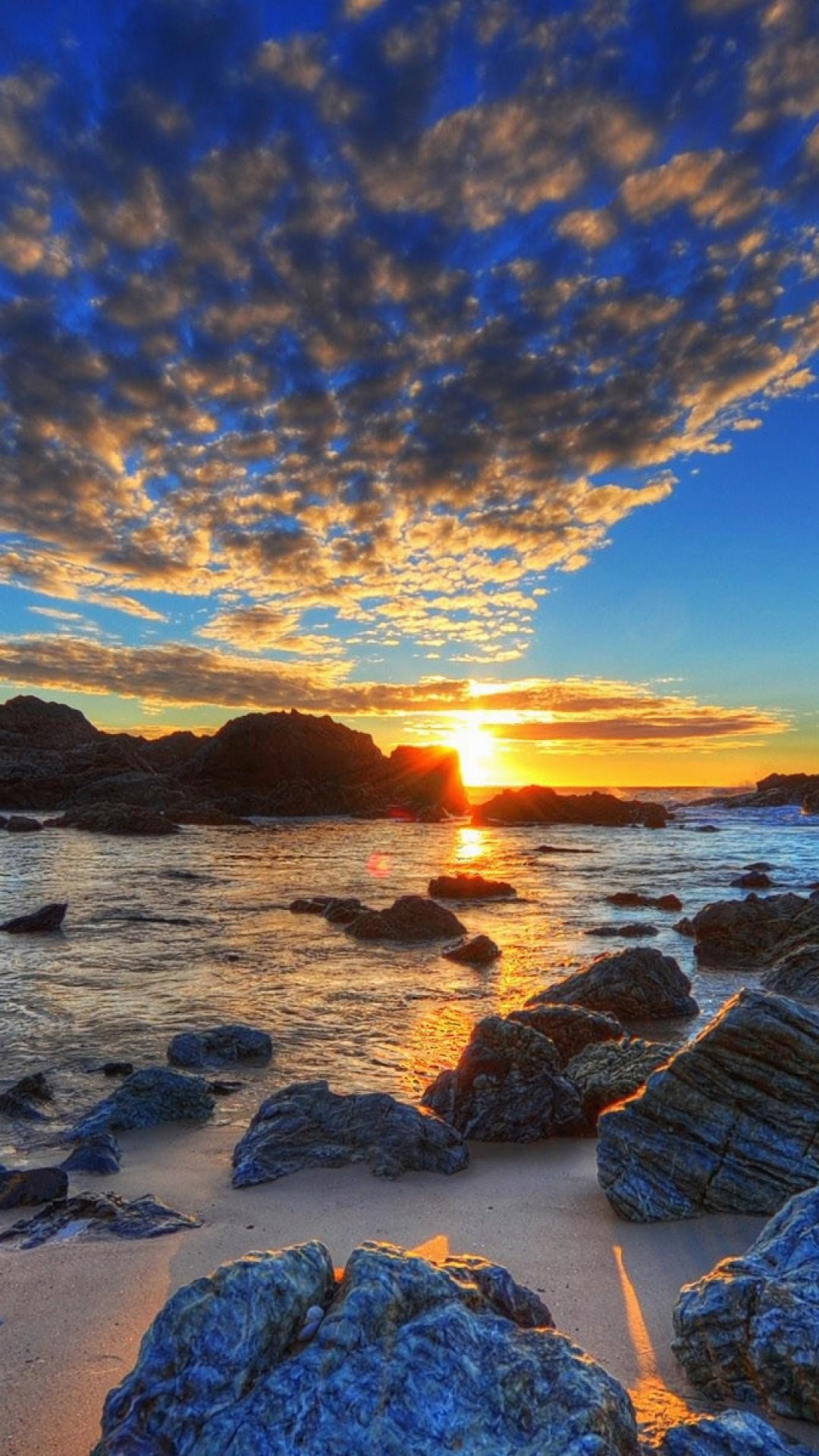 Spiaggia, Rocce, Tramonto, Nuvole, sfondo Android Full HD