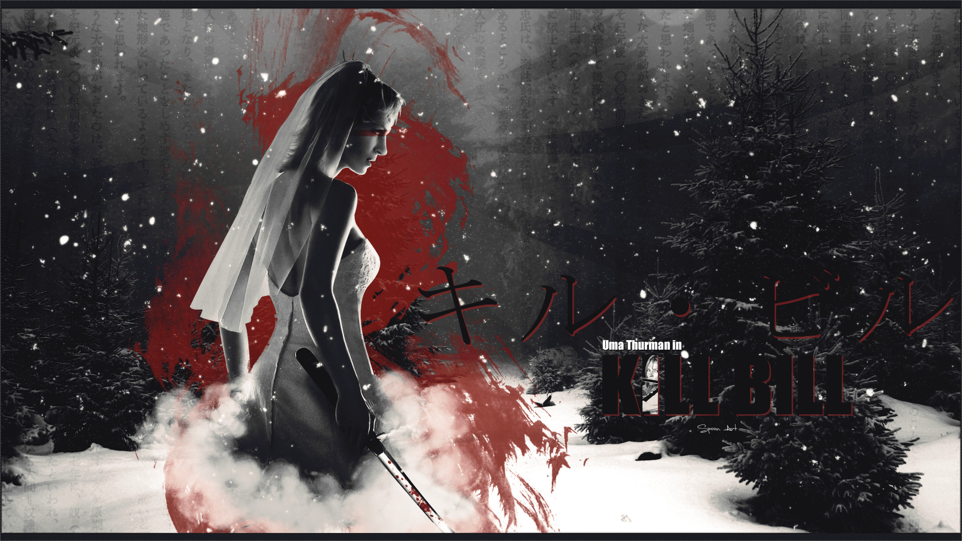 Kill Bill, La Sposa, Uma Thurman, Abito da sposa, Neve, Fotomontaggio, sfondo desktop 1920x1080